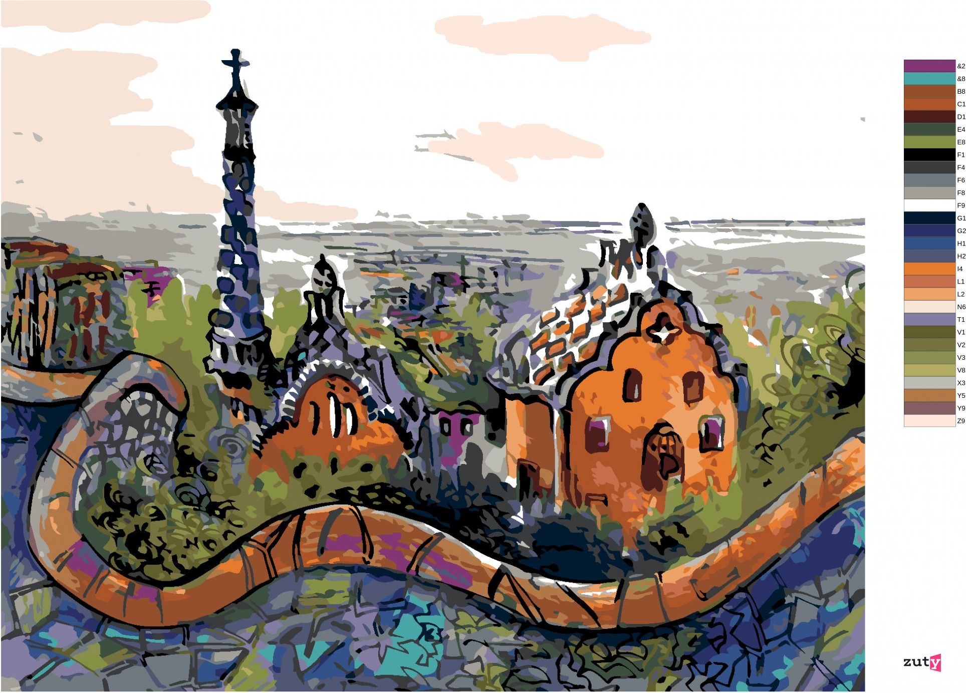 zuty Malování podle čísel - PARK GÜELL V BARCELONĚ - Rozměr: 40x50 cm, Rámování: Varianta: bez rámu a bez vypnutí plátna - obrázek 7