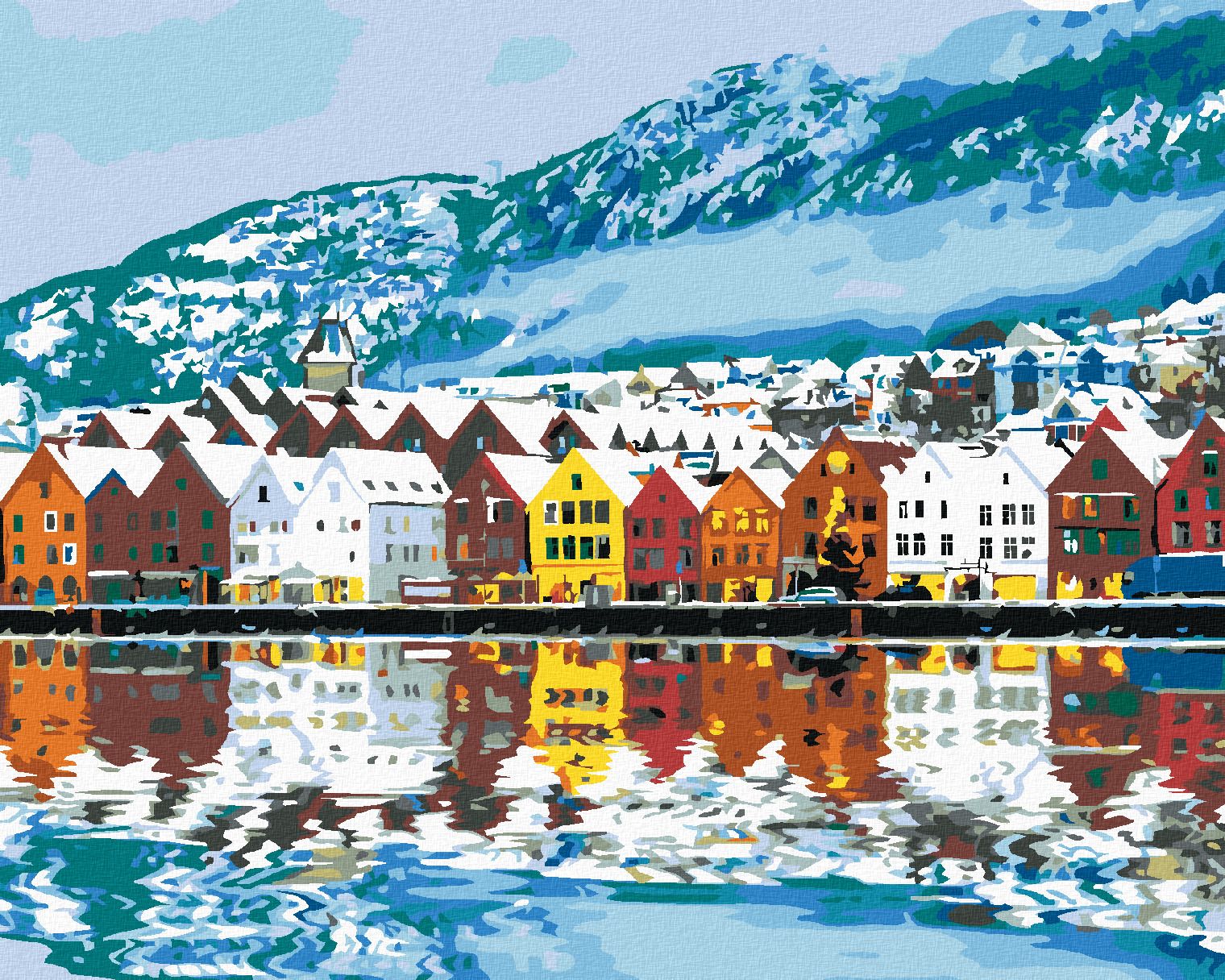 zuty Malování podle čísel - MĚSTEČKO BERGEN V NORSKU - Rozměr: 40x50 cm, Rámování: Varianta: vypnuté plátno na rám - obrázek 1