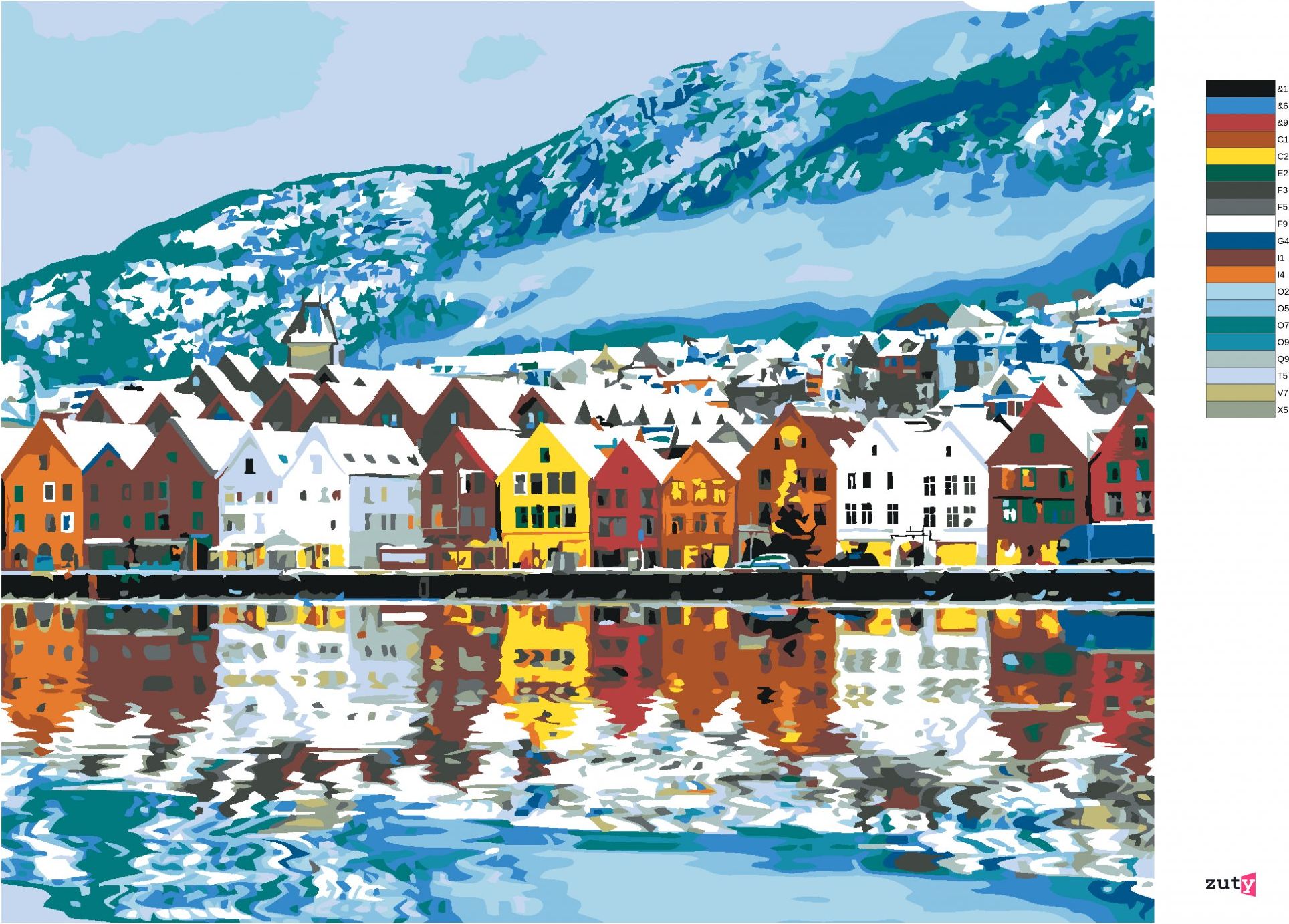 zuty Malování podle čísel - MĚSTEČKO BERGEN V NORSKU - Rozměr: 40x50 cm, Rámování: Varianta: vypnuté plátno na rám - obrázek 3