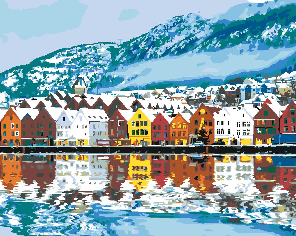 zuty Malování podle čísel - MĚSTEČKO BERGEN V NORSKU - Rozměr: 40x50 cm, Rámování: Varianta: vypnuté plátno na rám - obrázek 7