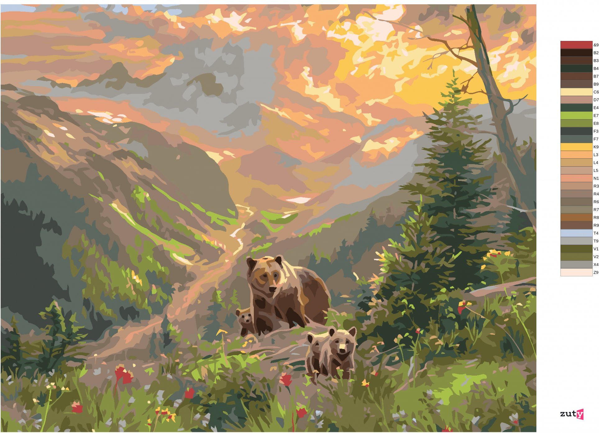 zuty Malování podle čísel - ZÁPAD SLUNCE, MEDVĚD S MLÁĎATY A ŘEKA MEZI HORAMI (ABRAHAM HUNTER) - Rozměr: 40x50 cm, Rámování: Varianta: vypnuté plátno na rám - obrázek 2