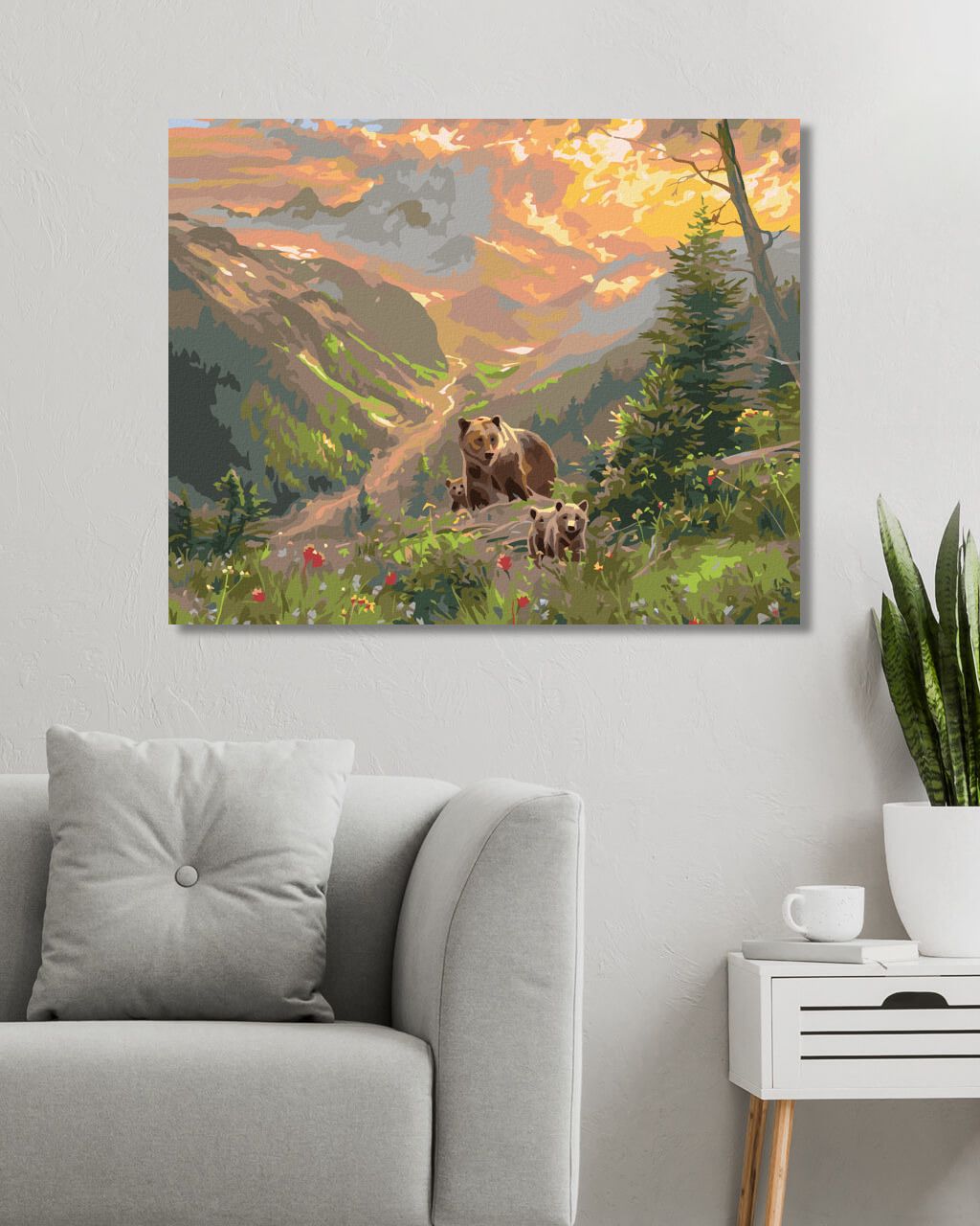zuty Malování podle čísel - ZÁPAD SLUNCE, MEDVĚD S MLÁĎATY A ŘEKA MEZI HORAMI (ABRAHAM HUNTER) - Rozměr: 40x50 cm, Rámování: Varianta: vypnuté plátno na rám - obrázek 9