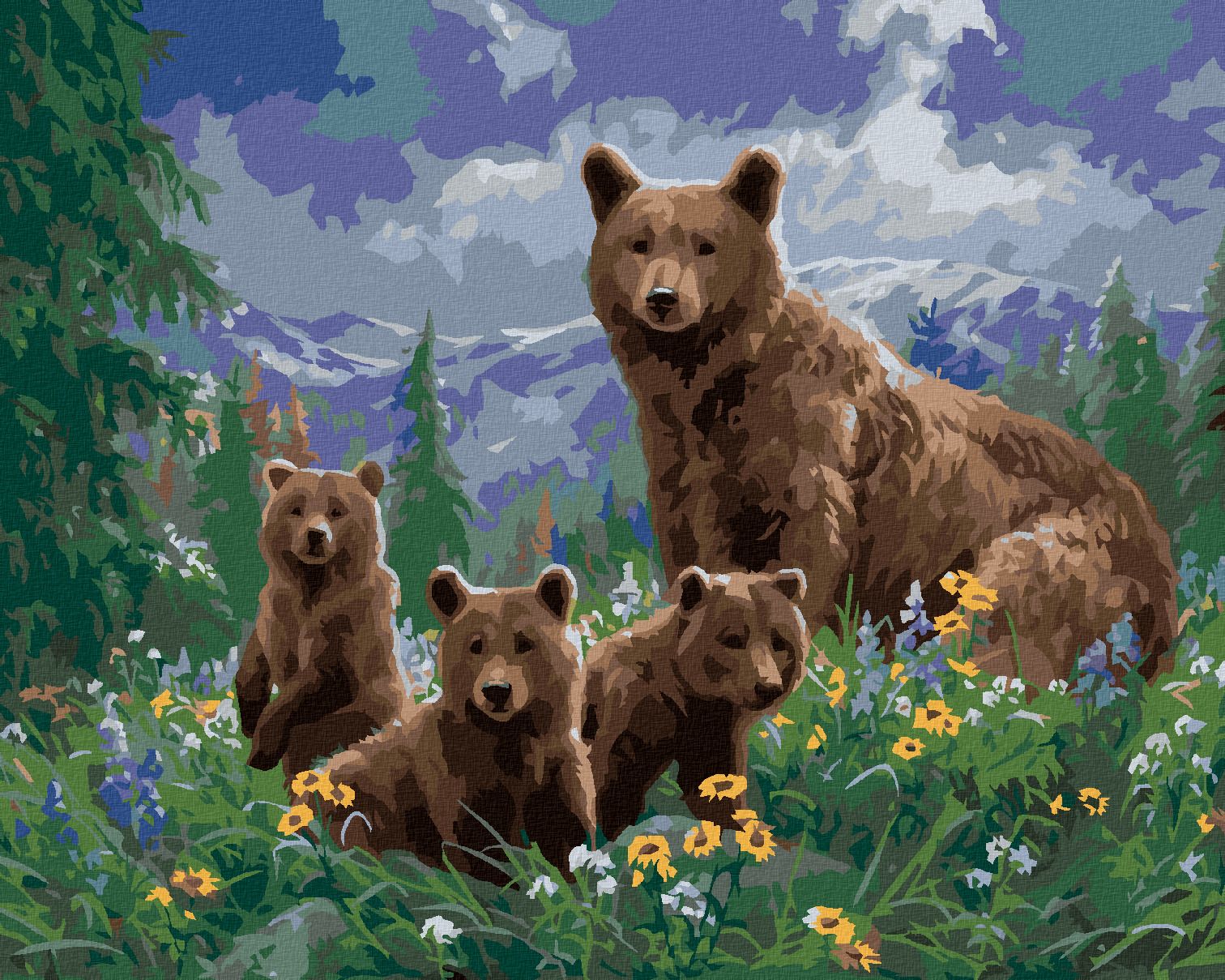 zuty Malování podle čísel - MEDVĚD S MLÁĎATY V KVĚTINÁCH A HORY (ABRAHAM HUNTER) - Rozměr: 40x50 cm, Rámování: Varianta: bez rámu a bez vypnutí plátna - obrázek 1