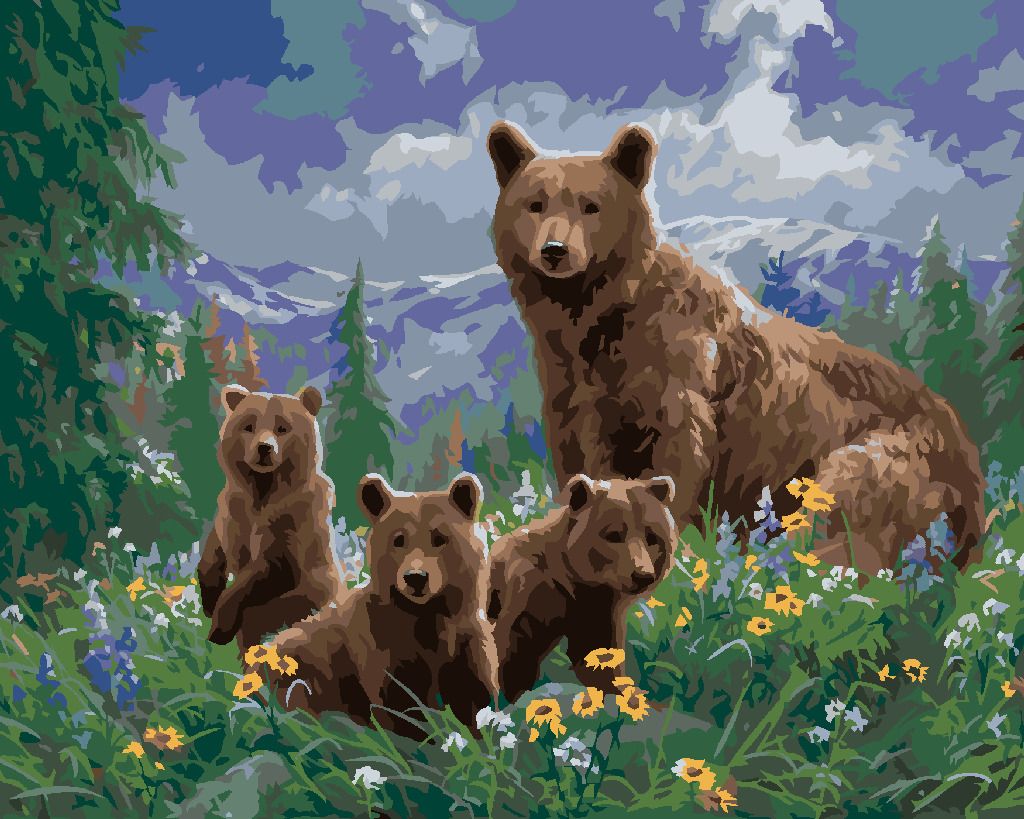 zuty Malování podle čísel - MEDVĚD S MLÁĎATY V KVĚTINÁCH A HORY (ABRAHAM HUNTER) - Rozměr: 40x50 cm, Rámování: Varianta: bez rámu a bez vypnutí plátna - obrázek 5