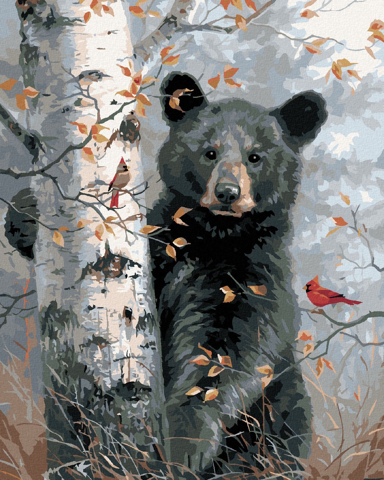 zuty Malování podle čísel - MLÁDĚ MEDVĚDA, PTÁK KARDINÁL A BŘÍZA NA PODZIM (ABRAHAM HUNTER) - Rozměr: 40x50 cm, Rámování: Varianta: bez rámu a bez vypnutí plátna - obrázek 1