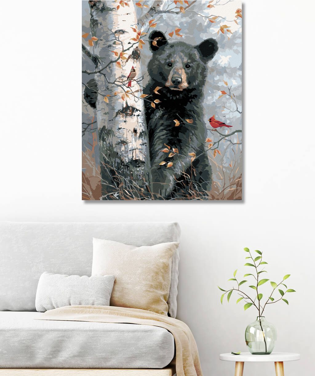 zuty Malování podle čísel - MLÁDĚ MEDVĚDA, PTÁK KARDINÁL A BŘÍZA NA PODZIM (ABRAHAM HUNTER) - Rozměr: 40x50 cm, Rámování: Varianta: vypnuté plátno na rám - obrázek 3