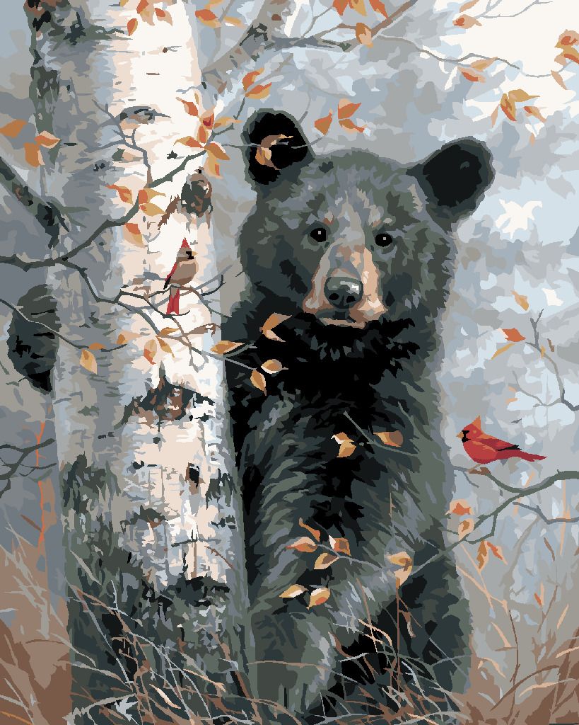 zuty Malování podle čísel - MLÁDĚ MEDVĚDA, PTÁK KARDINÁL A BŘÍZA NA PODZIM (ABRAHAM HUNTER) - Rozměr: 40x50 cm, Rámování: Varianta: vypnuté plátno na rám - obrázek 7