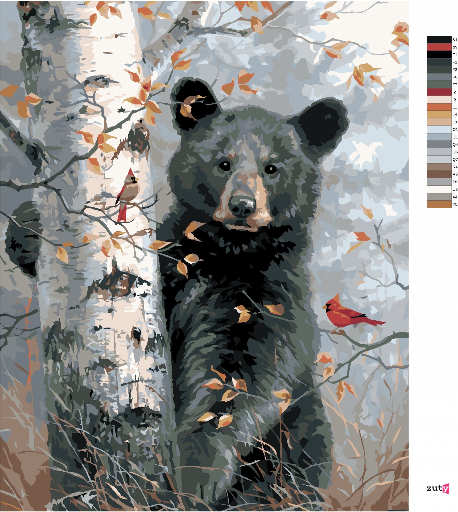 zuty Malování podle čísel - MLÁDĚ MEDVĚDA, PTÁK KARDINÁL A BŘÍZA NA PODZIM (ABRAHAM HUNTER) - Rozměr: 40x50 cm, Rámování: Varianta: vypnuté plátno na rám - obrázek 10