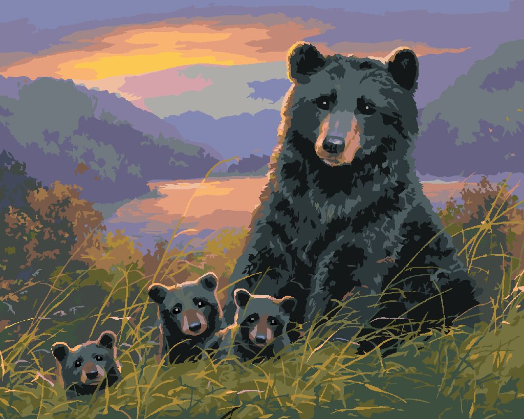 zuty Malování podle čísel - MEDVĚD S MLÁĎATY A ZÁPAD SLUNCE (ABRAHAM HUNTER) - Rozměr: 40x50 cm, Rámování: Varianta: vypnuté plátno na rám - obrázek 2