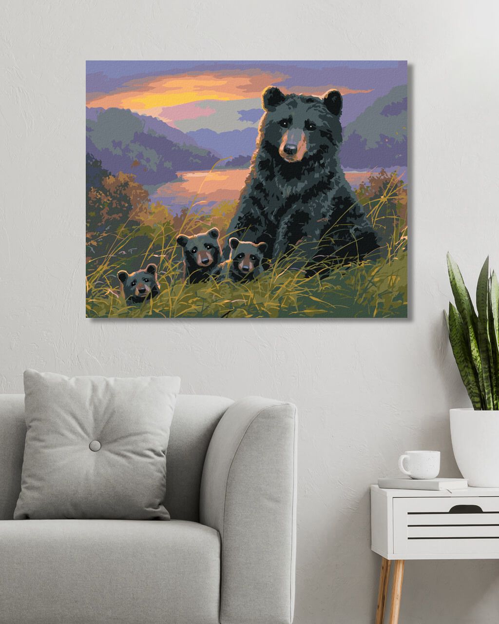zuty Malování podle čísel - MEDVĚD S MLÁĎATY A ZÁPAD SLUNCE (ABRAHAM HUNTER) - Rozměr: 40x50 cm, Rámování: Varianta: vypnuté plátno na rám - obrázek 7