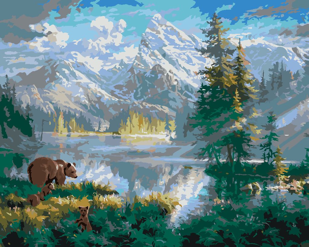 zuty Malování podle čísel - MEDVĚD S MLÁĎATY, JEZERO A HORY (ABRAHAM HUNTER) - Rozměr: 40x50 cm, Rámování: Varianta: vypnuté plátno na rám - obrázek 5