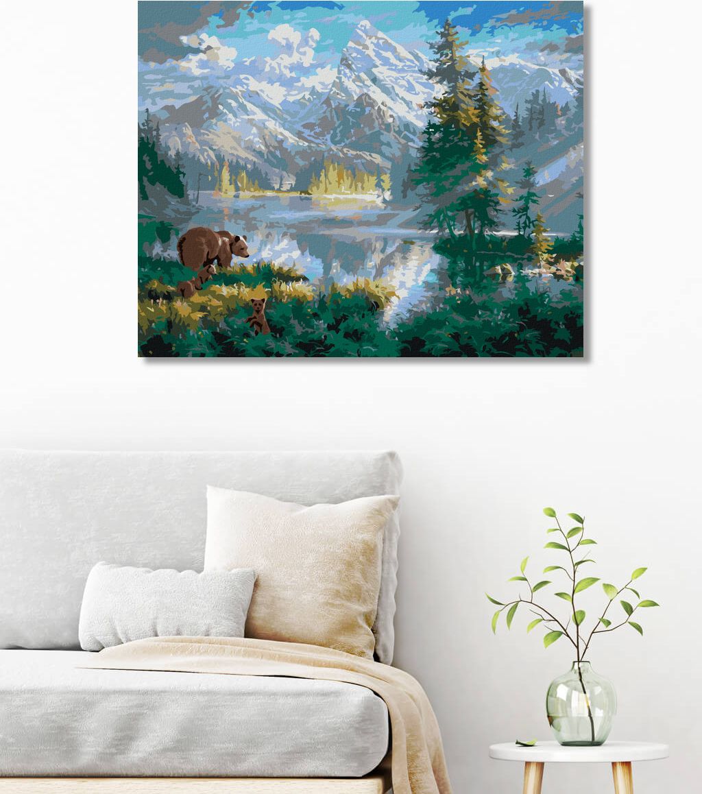 zuty Malování podle čísel - MEDVĚD S MLÁĎATY, JEZERO A HORY (ABRAHAM HUNTER) - Rozměr: 40x50 cm, Rámování: Varianta: vypnuté plátno na rám - obrázek 9
