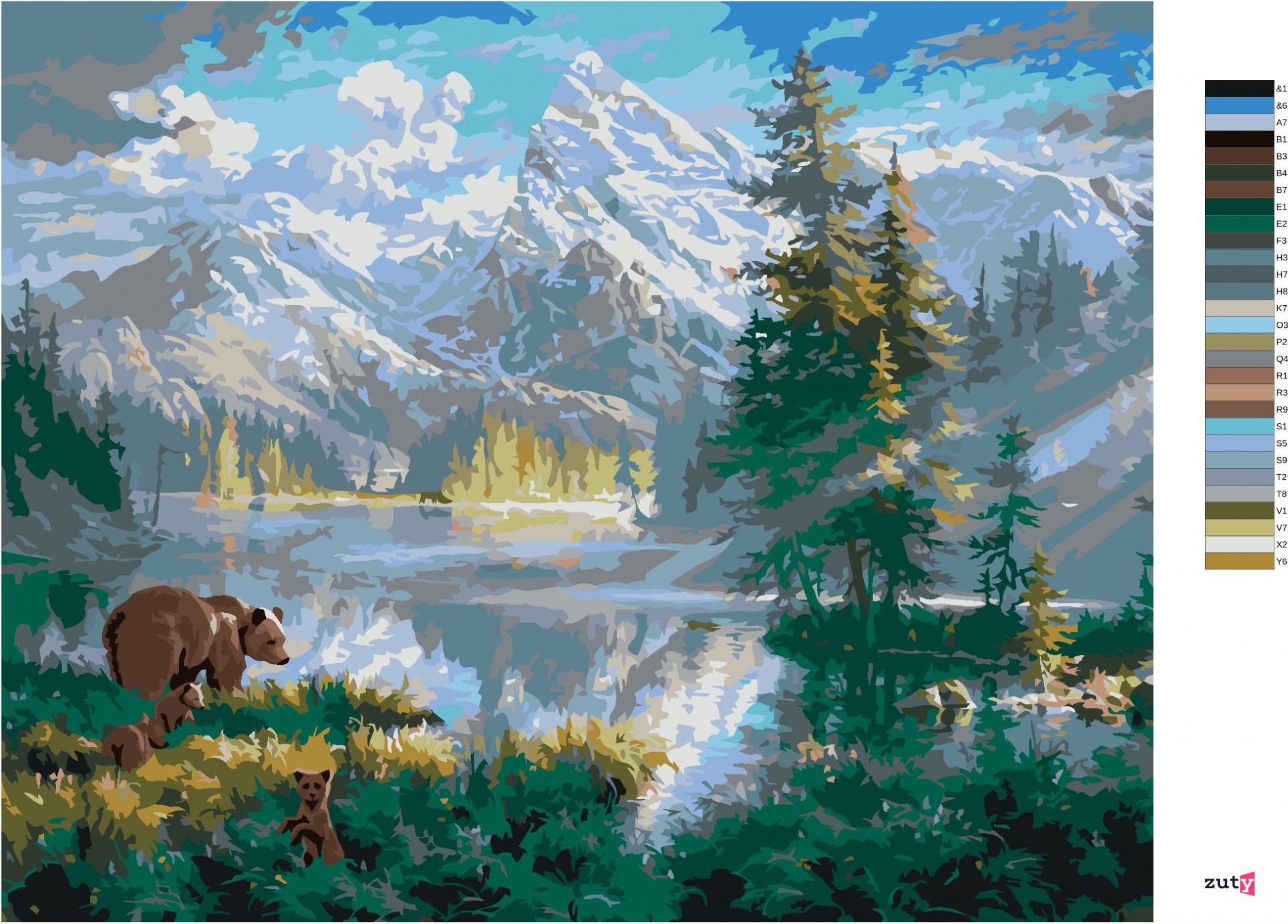 zuty Malování podle čísel - MEDVĚD S MLÁĎATY, JEZERO A HORY (ABRAHAM HUNTER) - Rozměr: 40x50 cm, Rámování: Varianta: vypnuté plátno na rám - obrázek 10