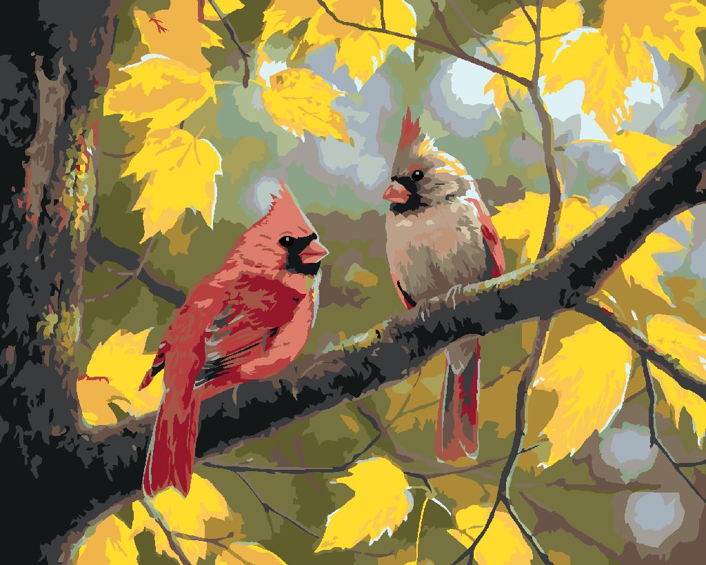 zuty Malování podle čísel - PTÁK KARDINÁL A PODZIM (ABRAHAM HUNTER) - Rozměr: 40x50 cm, Rámování: Varianta: vypnuté plátno na rám - obrázek 2