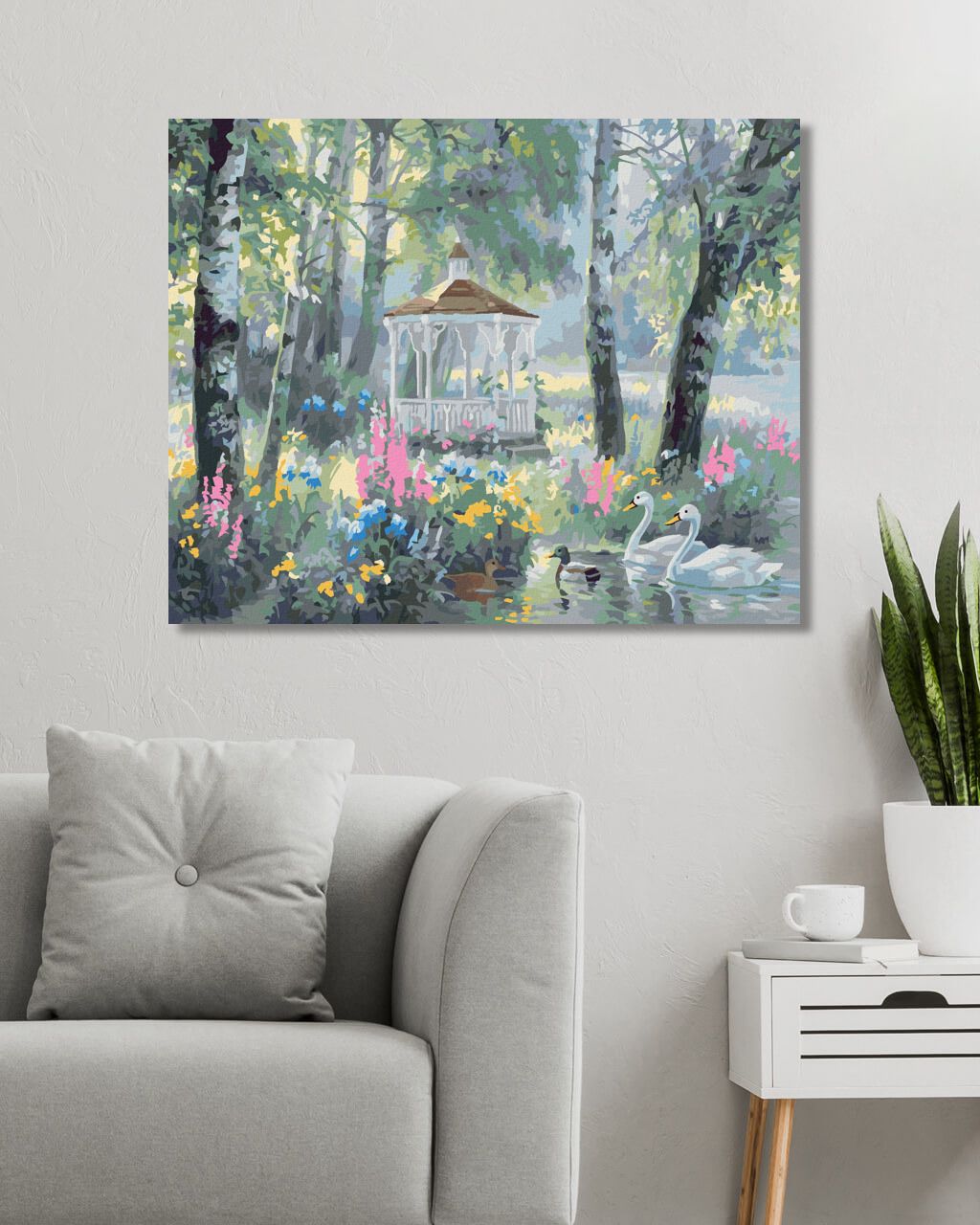 zuty Malování podle čísel - ALTÁNEK, LABUTĚ A KACHNY NA JEZEŘE A BŘÍZY (ABRAHAM HUNTER) - Rozměr: 40x50 cm, Rámování: Varianta: bez rámu a bez vypnutí plátna - obrázek 2