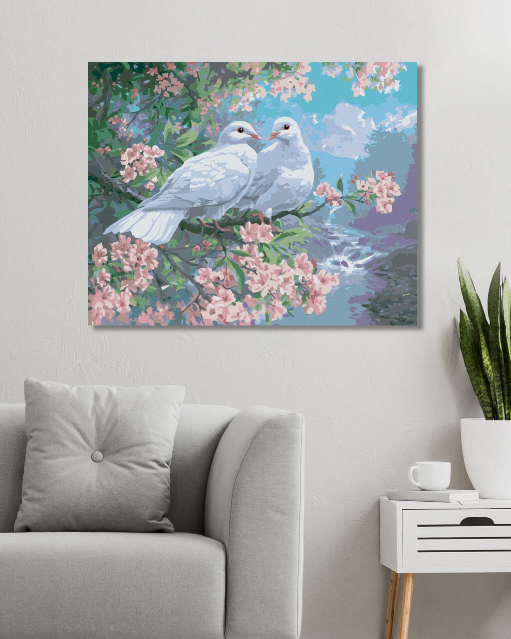 zuty Malování podle čísel - BÍLÉ HOLUBICE NA ROZKVETLÉ VĚTVI A ŘEKA (ABRAHAM HUNTER) - Rozměr: 40x50 cm, Rámování: Varianta: vypnuté plátno na rám - obrázek 3