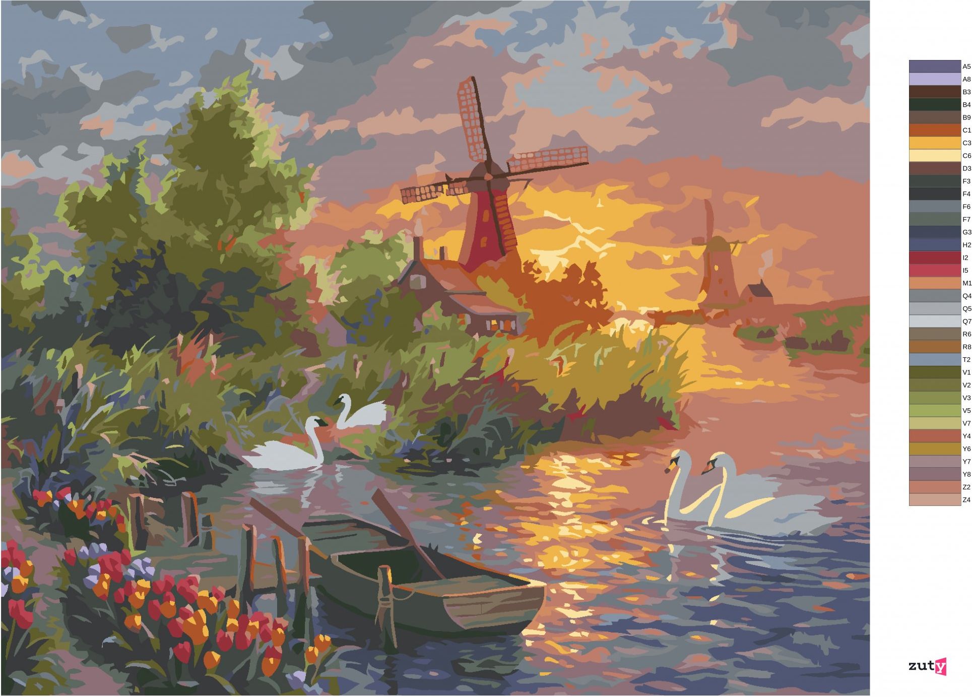 zuty Malování podle čísel - TULIPÁNY, LABUTĚ, MLÝN A ZÁPAD SLUNCE (ABRAHAM HUNTER) - Rozměr: 40x50 cm, Rámování: Varianta: vypnuté plátno na rám - obrázek 5