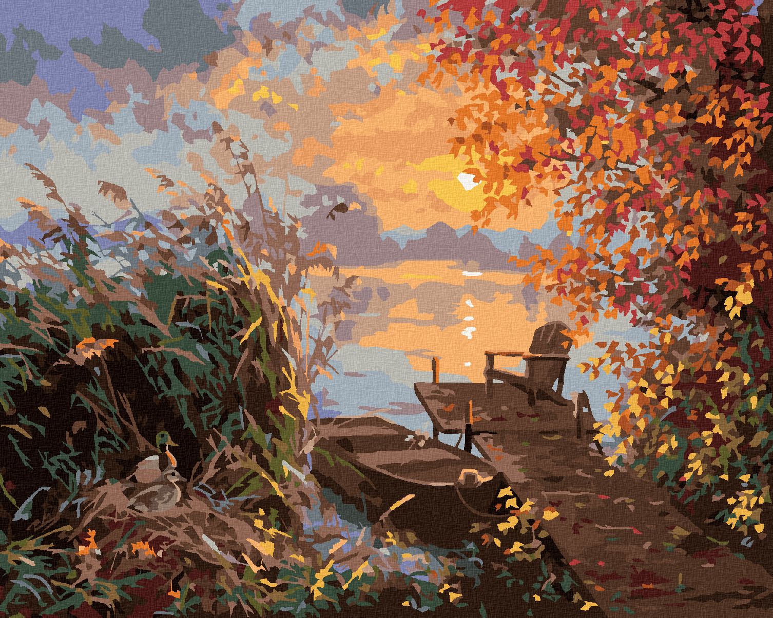 zuty Malování podle čísel - KACHNA V RÁKOSÍ, MOLO A ZÁPAD SLUNCE NA PODZIM (ABRAHAM HUNTER) - Rozměr: 40x50 cm, Rámování: Varianta: bez rámu a bez vypnutí plátna - obrázek 1