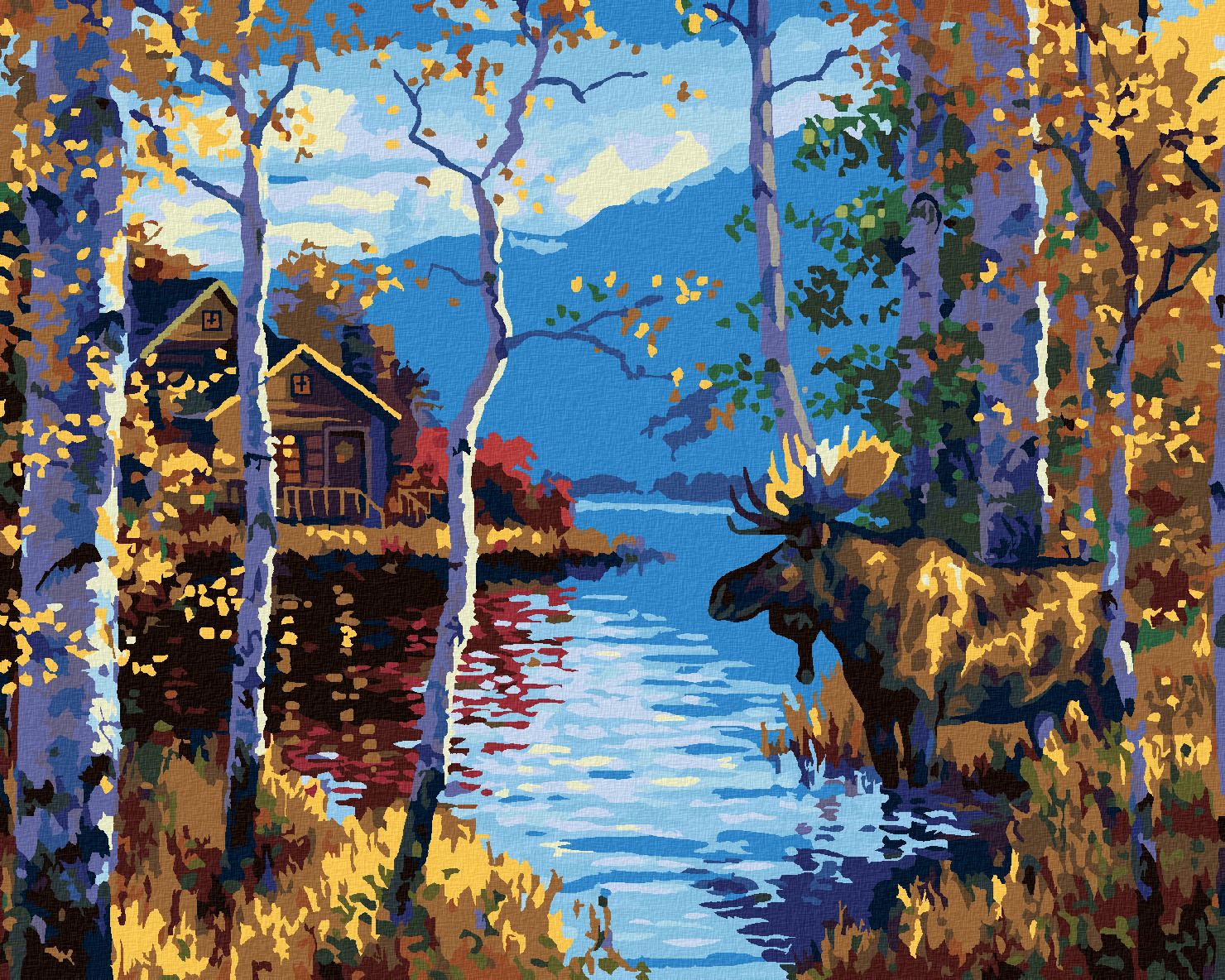 zuty Malování podle čísel - LOS MEZI BŘÍZAMI A JEZERO (ABRAHAM HUNTER) - Rozměr: 40x50 cm, Rámování: Varianta: vypnuté plátno na rám - obrázek 1