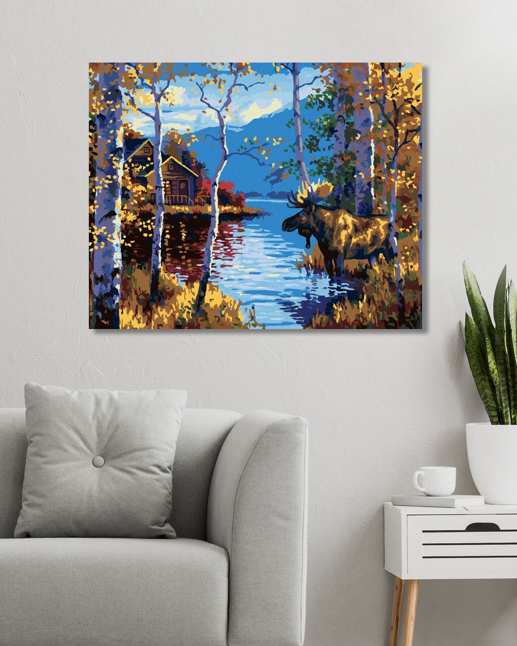 zuty Malování podle čísel - LOS MEZI BŘÍZAMI A JEZERO (ABRAHAM HUNTER) - Rozměr: 40x50 cm, Rámování: Varianta: vypnuté plátno na rám - obrázek 3