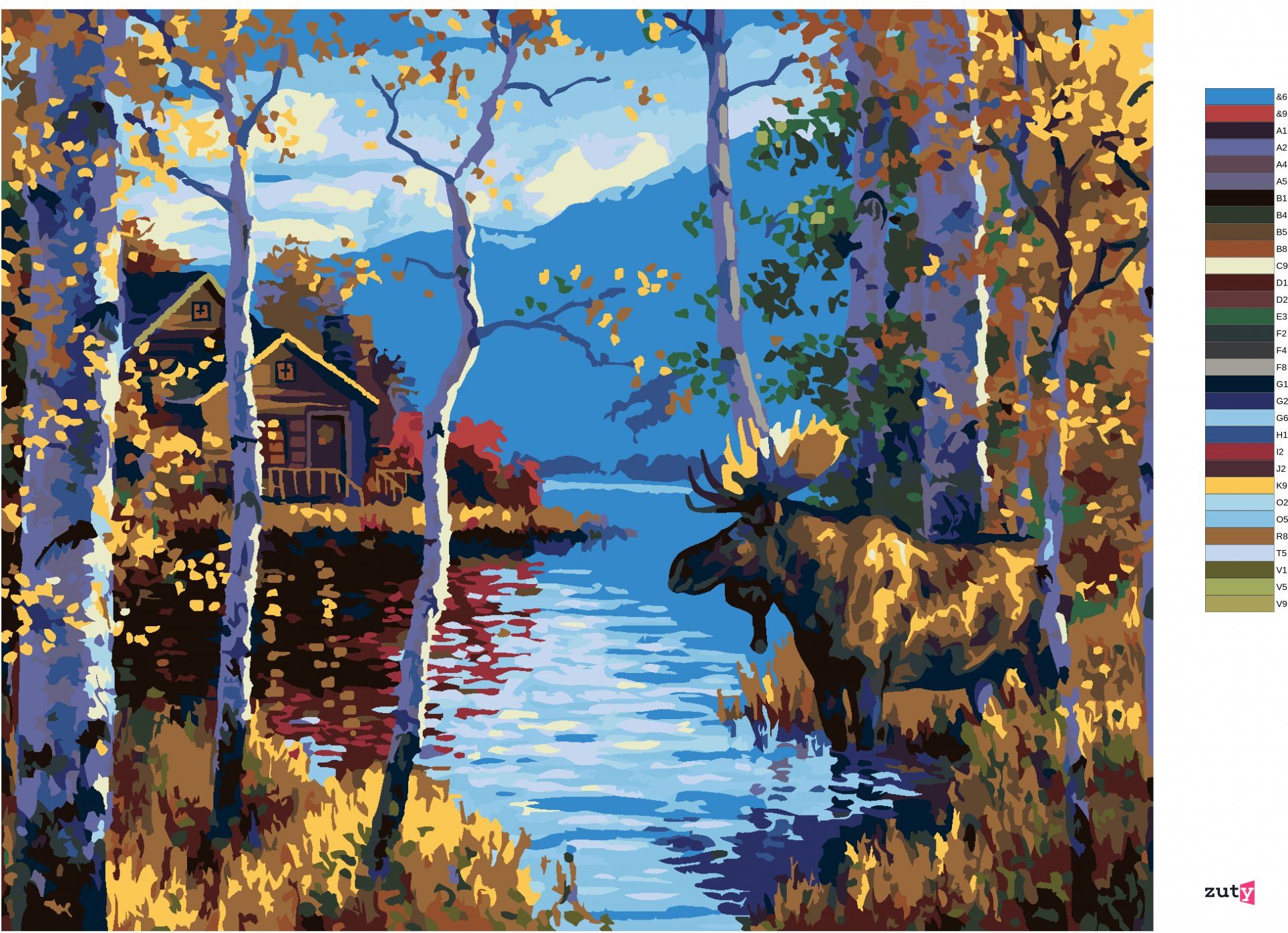 zuty Malování podle čísel - LOS MEZI BŘÍZAMI A JEZERO (ABRAHAM HUNTER) - Rozměr: 40x50 cm, Rámování: Varianta: vypnuté plátno na rám - obrázek 10