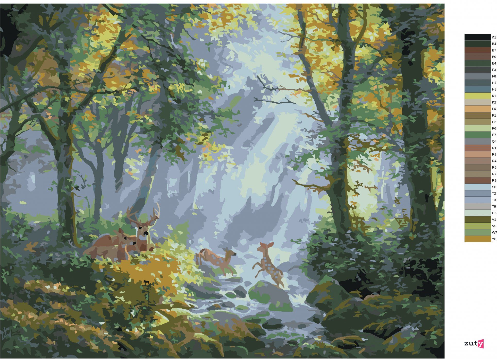 zuty Malování podle čísel - JELENNÍ RODINA U ŘEKY V LESE (ABRAHAM HUNTER) - Rozměr: 40x50 cm, Rámování: Varianta: bez rámu a bez vypnutí plátna - obrázek 7