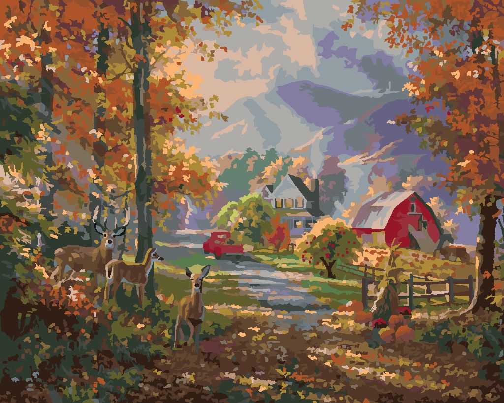 zuty Malování podle čísel - JELEN, FARMA A PODZIMNÍ STROMY (ABRAHAM HUNTER) - Rozměr: 40x50 cm, Rámování: Varianta: bez rámu a bez vypnutí plátna - obrázek 2