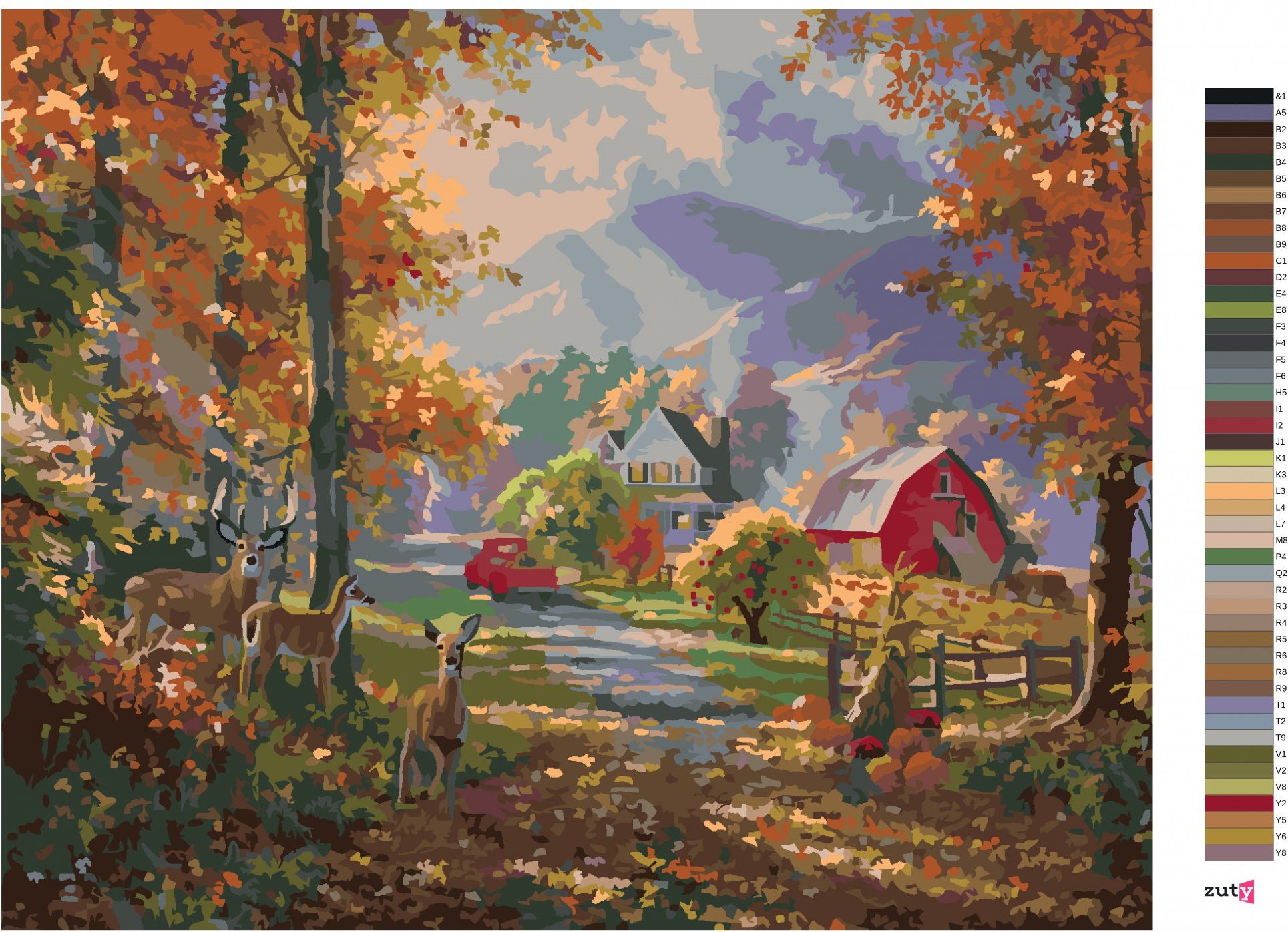 zuty Malování podle čísel - JELEN, FARMA A PODZIMNÍ STROMY (ABRAHAM HUNTER) - Rozměr: 40x50 cm, Rámování: Varianta: bez rámu a bez vypnutí plátna - obrázek 9