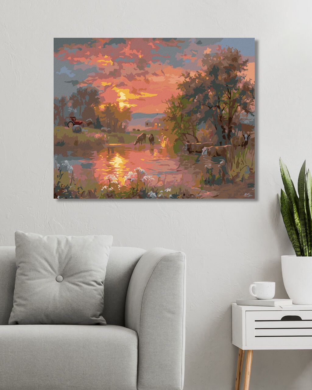zuty Malování podle čísel - KRÁVY U RYBNÍKU A ZÁPAD SLUNCE (ABRAHAM HUNTER) - Rozměr: 40x50 cm, Rámování: Varianta: vypnuté plátno na rám - obrázek 4