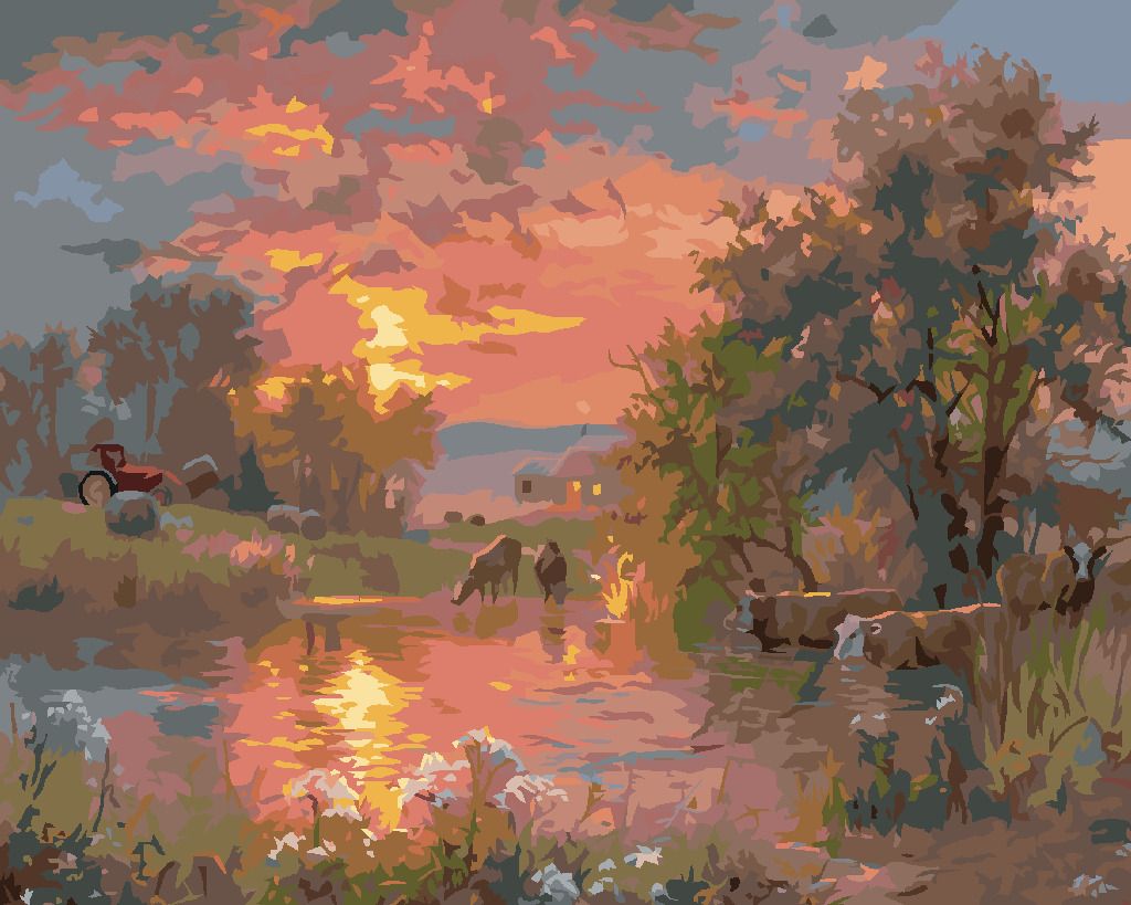 zuty Malování podle čísel - KRÁVY U RYBNÍKU A ZÁPAD SLUNCE (ABRAHAM HUNTER) - Rozměr: 40x50 cm, Rámování: Varianta: vypnuté plátno na rám - obrázek 8