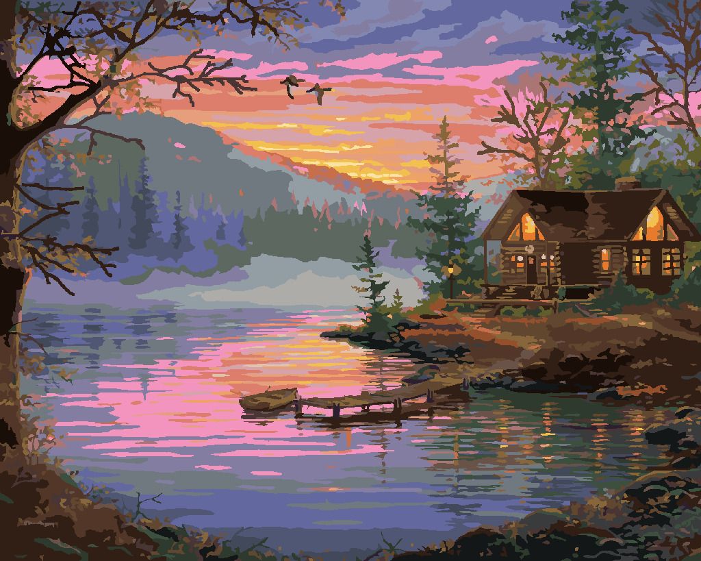 zuty Malování podle čísel - MOLO, JEZERO A ZÁPAD SLUNCE (ABRAHAM HUNTER) - Rozměr: 40x50 cm, Rámování: Varianta: bez rámu a bez vypnutí plátna - obrázek 2