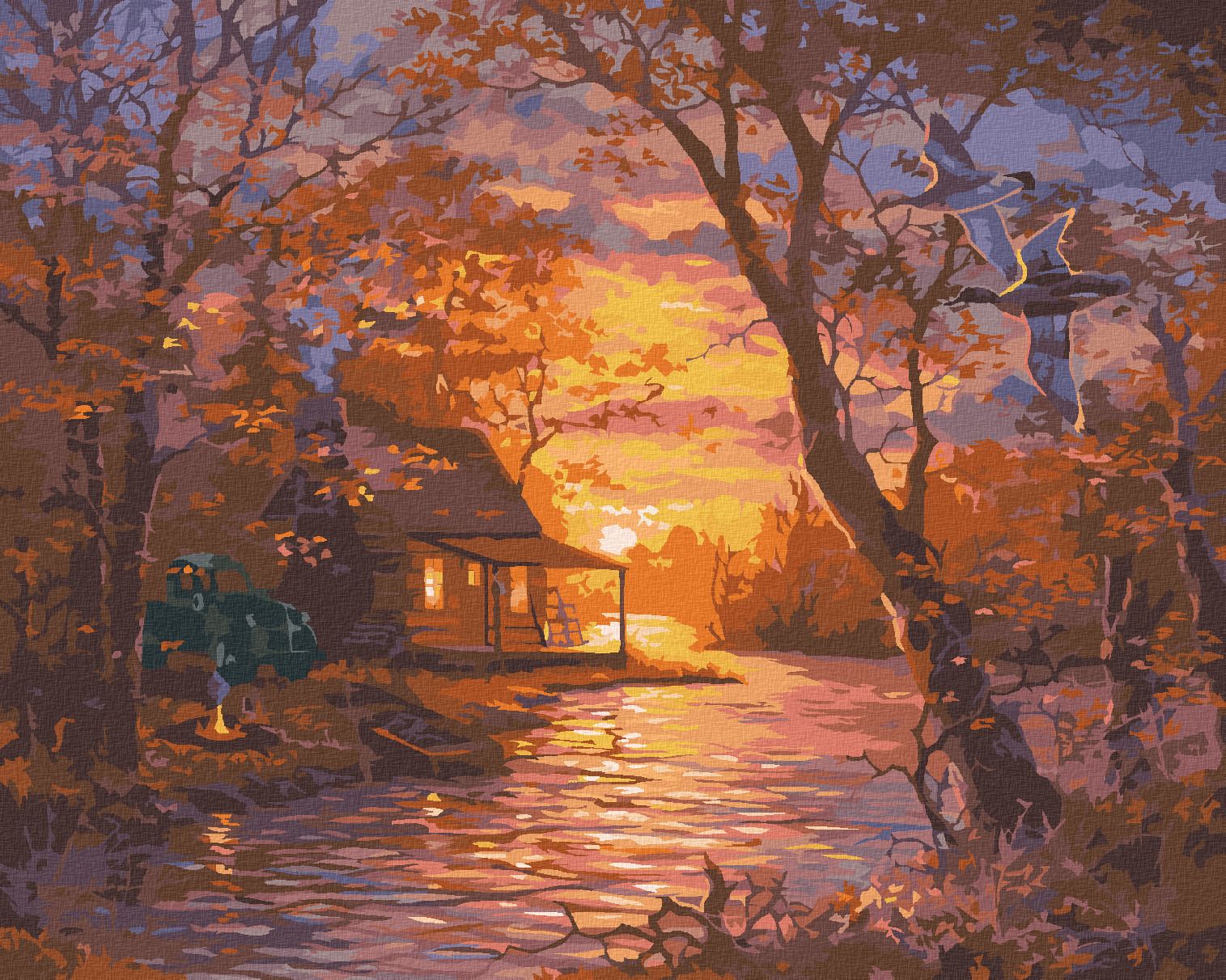 zuty Malování podle čísel - KACHNA, CHATA, JEZERO A ZÁPAD SLUNCE (ABRAHAM HUNTER) - Rozměr: 40x50 cm, Rámování: Varianta: vypnuté plátno na rám - obrázek 1