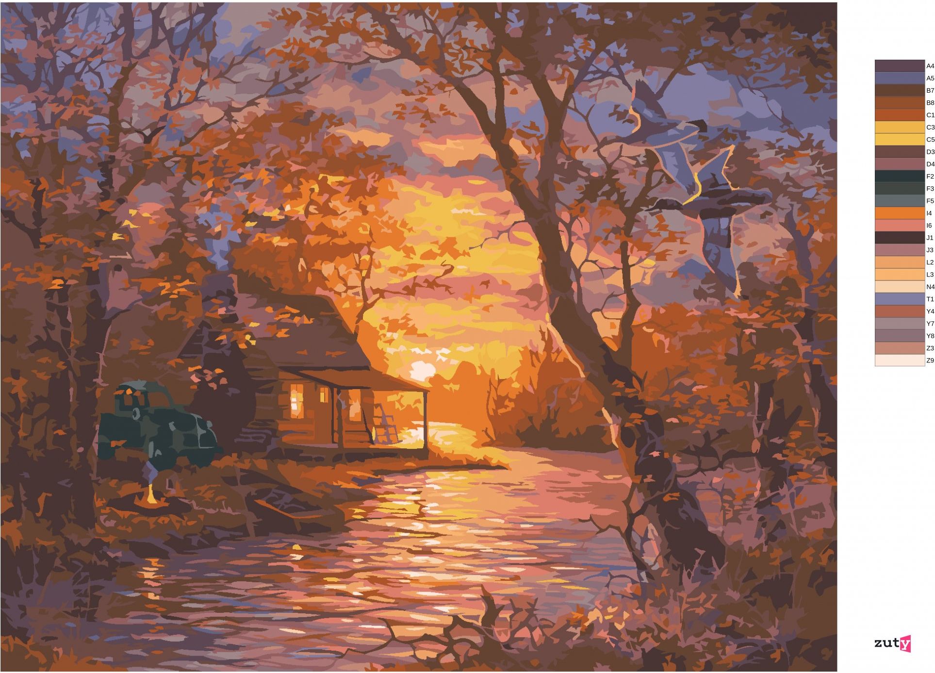 zuty Malování podle čísel - KACHNA, CHATA, JEZERO A ZÁPAD SLUNCE (ABRAHAM HUNTER) - Rozměr: 40x50 cm, Rámování: Varianta: vypnuté plátno na rám - obrázek 2