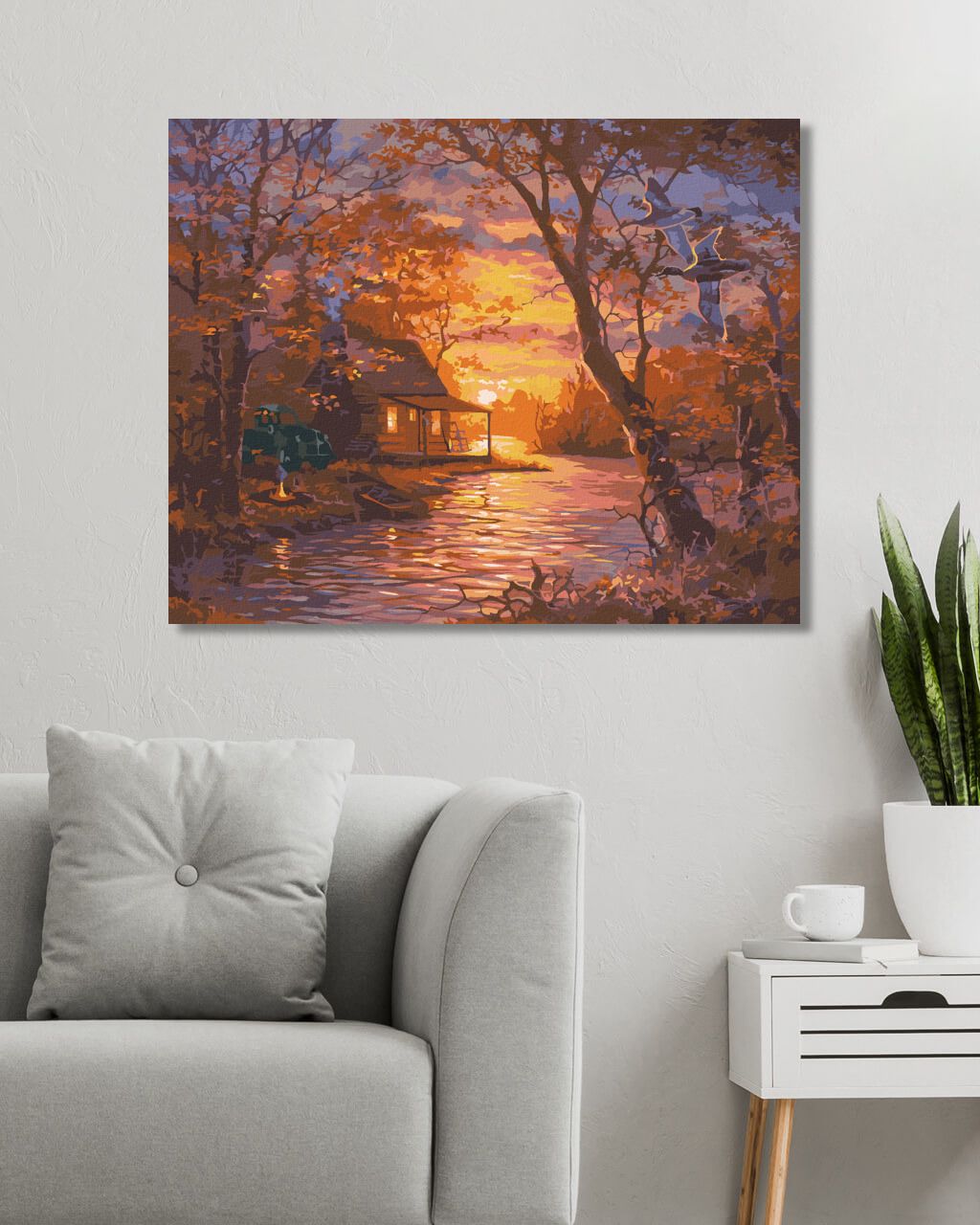zuty Malování podle čísel - KACHNA, CHATA, JEZERO A ZÁPAD SLUNCE (ABRAHAM HUNTER) - Rozměr: 40x50 cm, Rámování: Varianta: vypnuté plátno na rám - obrázek 7