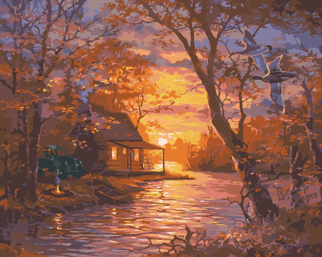 zuty Malování podle čísel - KACHNA, CHATA, JEZERO A ZÁPAD SLUNCE (ABRAHAM HUNTER) - Rozměr: 40x50 cm, Rámování: Varianta: vypnuté plátno na rám - obrázek 8