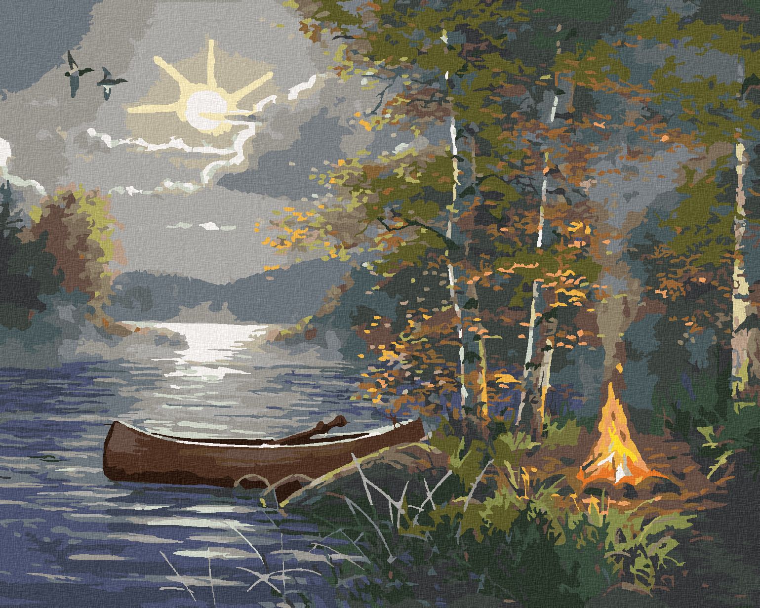 zuty Malování podle čísel - KAJAK NA JEZEŘE A TÁBORÁK ZA ÚPLŇKU (ABRAHAM HUNTER) - Rozměr: 40x50 cm, Rámování: Varianta: bez rámu a bez vypnutí plátna - obrázek 1