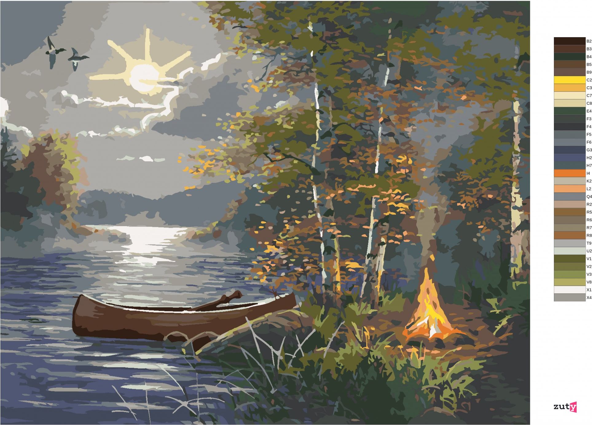 zuty Malování podle čísel - KAJAK NA JEZEŘE A TÁBORÁK ZA ÚPLŇKU (ABRAHAM HUNTER) - Rozměr: 40x50 cm, Rámování: Varianta: bez rámu a bez vypnutí plátna - obrázek 3