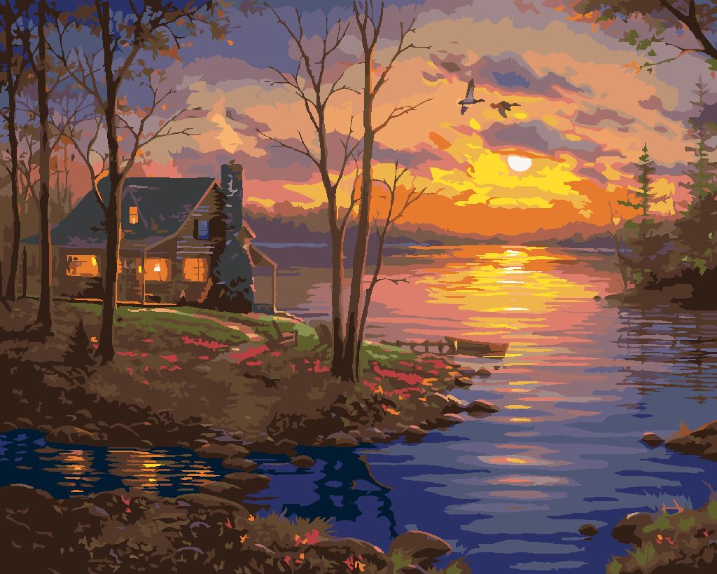 zuty Malování podle čísel - JEZERO, CHATA A ZÁPAD SLUNCE (ABRAHAM HUNTER) - Rozměr: 40x50 cm, Rámování: Varianta: bez rámu a bez vypnutí plátna - obrázek 2