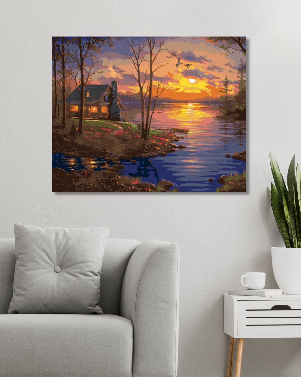zuty Malování podle čísel - JEZERO, CHATA A ZÁPAD SLUNCE (ABRAHAM HUNTER) - Rozměr: 40x50 cm, Rámování: Varianta: bez rámu a bez vypnutí plátna - obrázek 4