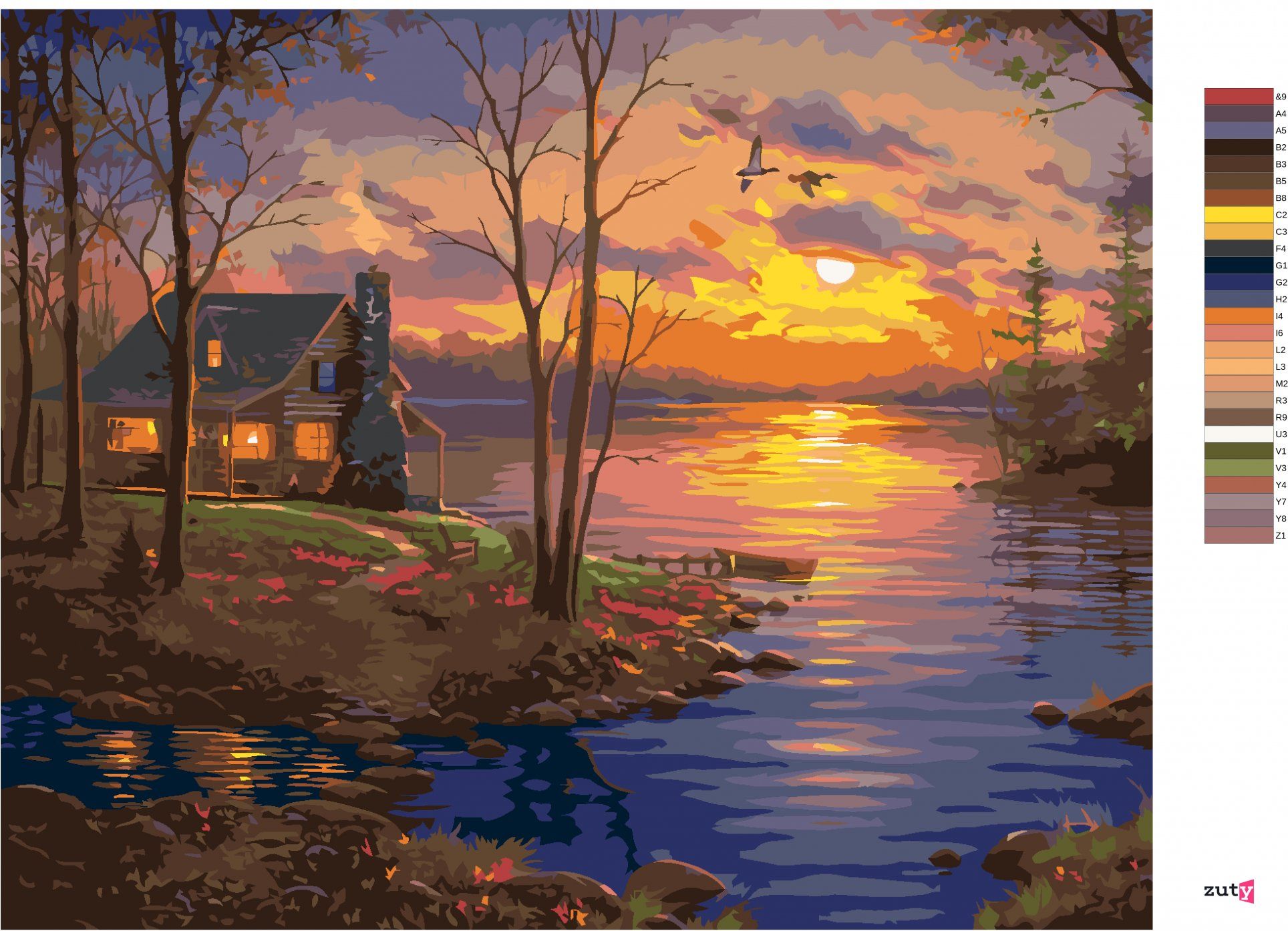 zuty Malování podle čísel - JEZERO, CHATA A ZÁPAD SLUNCE (ABRAHAM HUNTER) - Rozměr: 40x50 cm, Rámování: Varianta: bez rámu a bez vypnutí plátna - obrázek 5