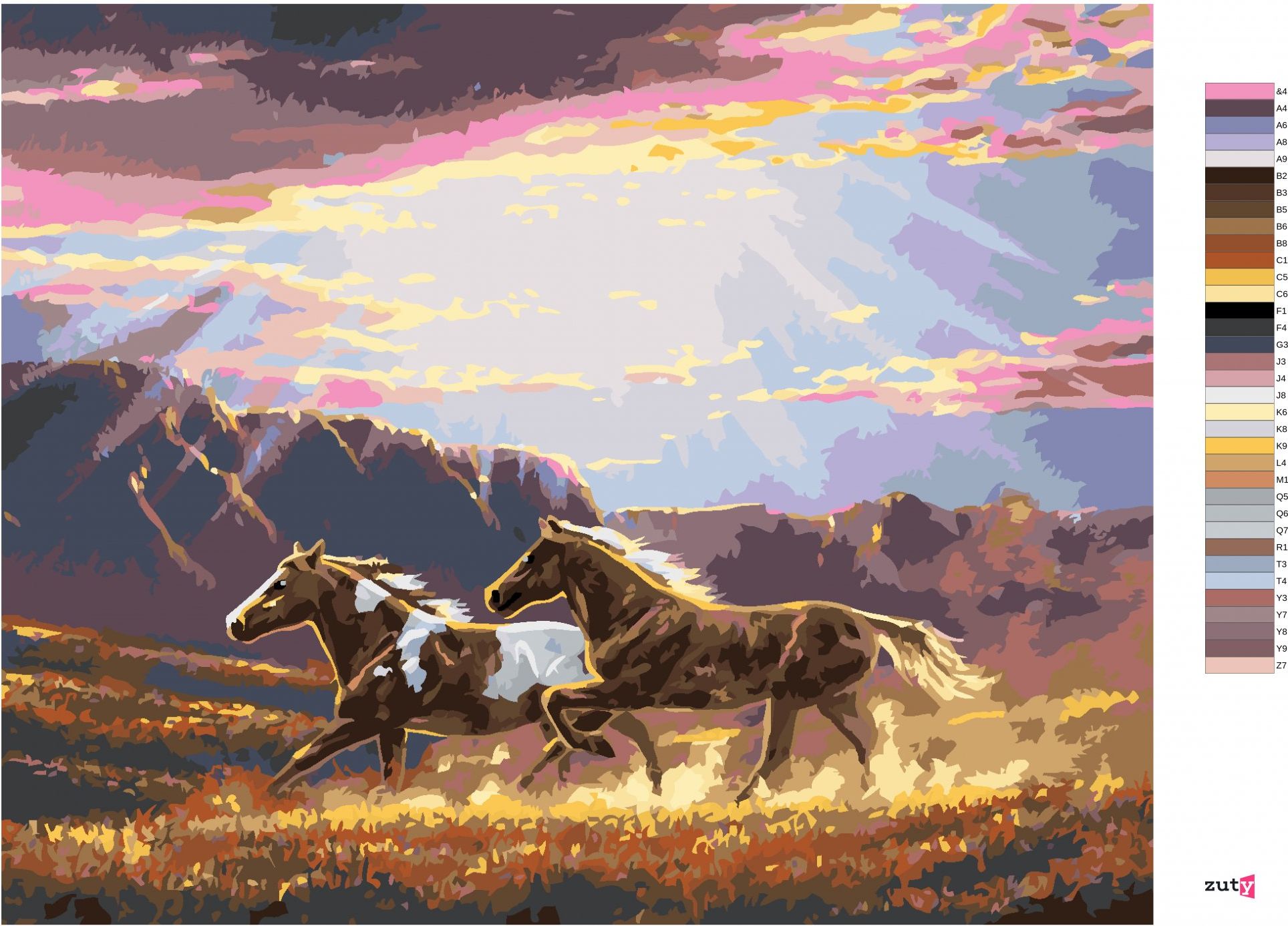zuty Malování podle čísel - KONĚ V BĚHU, HORY A VÝCHOD SLUNCE (ABRAHAM HUNTER) - Rozměr: 40x50 cm, Rámování: Varianta: bez rámu a bez vypnutí plátna - obrázek 4