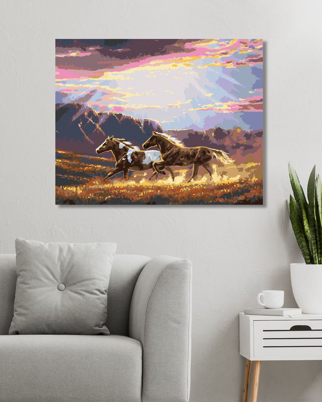 zuty Malování podle čísel - KONĚ V BĚHU, HORY A VÝCHOD SLUNCE (ABRAHAM HUNTER) - Rozměr: 40x50 cm, Rámování: Varianta: bez rámu a bez vypnutí plátna - obrázek 6