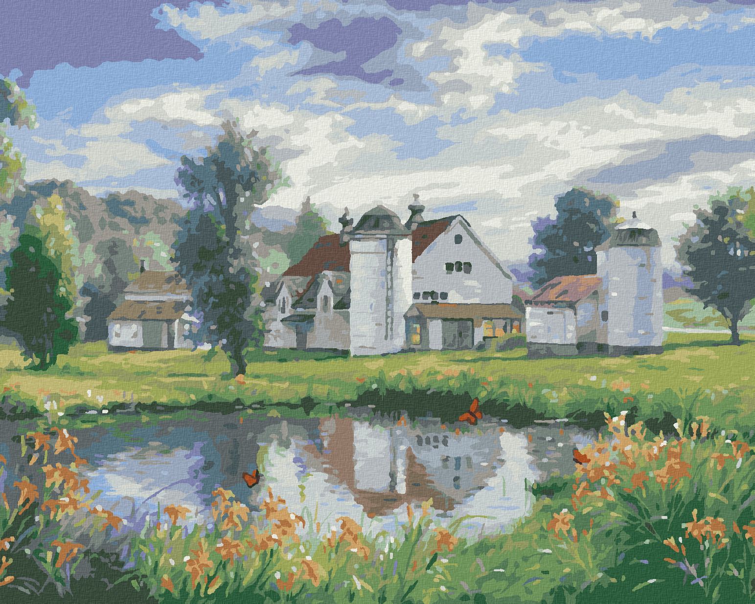 zuty Malování podle čísel - FARMA, JEZERO A MOTÝLI (ABRAHAM HUNTER) - Rozměr: 40x50 cm, Rámování: Varianta: bez rámu a bez vypnutí plátna - obrázek 1