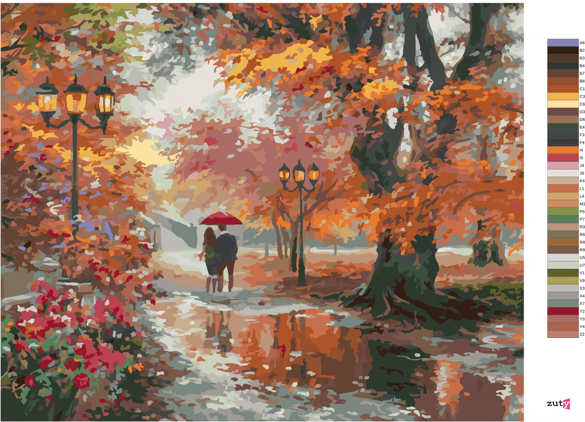 zuty Malování podle čísel - PÁR POD DEŠTNÍKEM PO DEŠTI A PODZIMNÍ PARK (ABRAHAM HUNTER) - Rozměr: 40x50 cm, Rámování: Varianta: vypnuté plátno na rám - obrázek 2