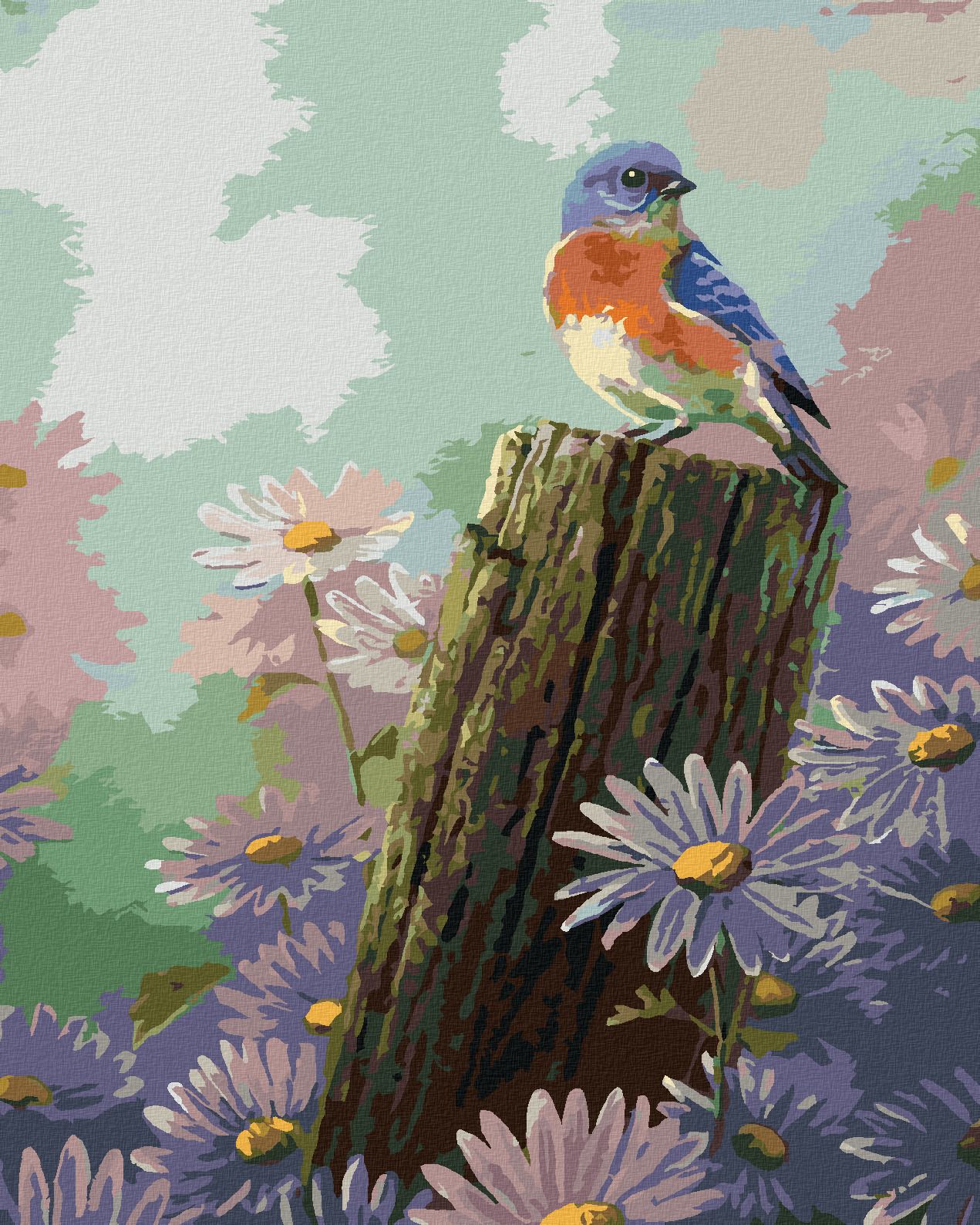 zuty Malování podle čísel - PTÁK NA DŘEVENÉM KŮLU A FIALOVÉ KVĚTINY (ABRAHAM HUNTER) - Rozměr: 40x50 cm, Rámování: Varianta: bez rámu a bez vypnutí plátna - obrázek 1