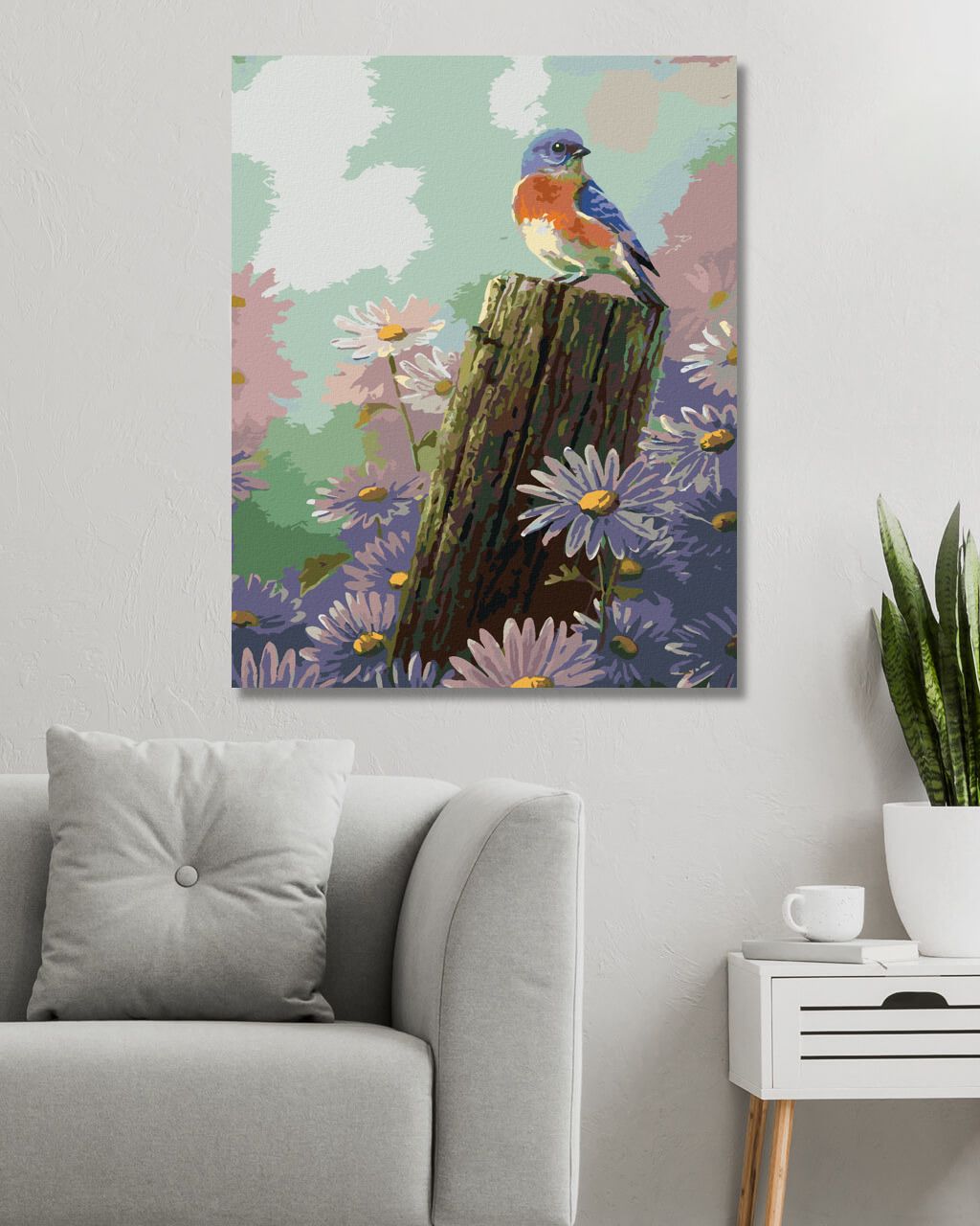 zuty Malování podle čísel - PTÁK NA DŘEVENÉM KŮLU A FIALOVÉ KVĚTINY (ABRAHAM HUNTER) - Rozměr: 40x50 cm, Rámování: Varianta: bez rámu a bez vypnutí plátna - obrázek 3
