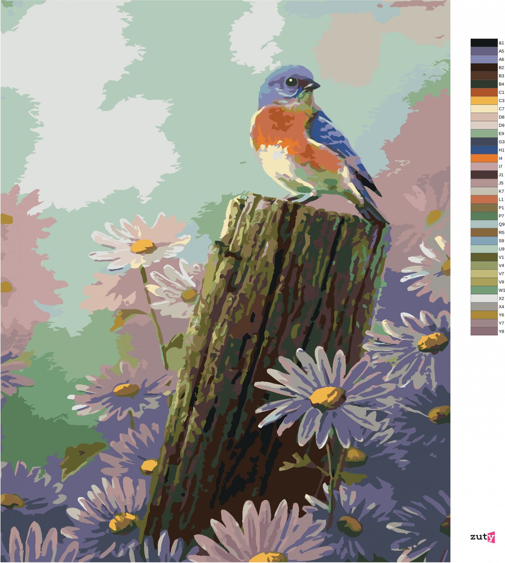 zuty Malování podle čísel - PTÁK NA DŘEVENÉM KŮLU A FIALOVÉ KVĚTINY (ABRAHAM HUNTER) - Rozměr: 40x50 cm, Rámování: Varianta: bez rámu a bez vypnutí plátna - obrázek 10