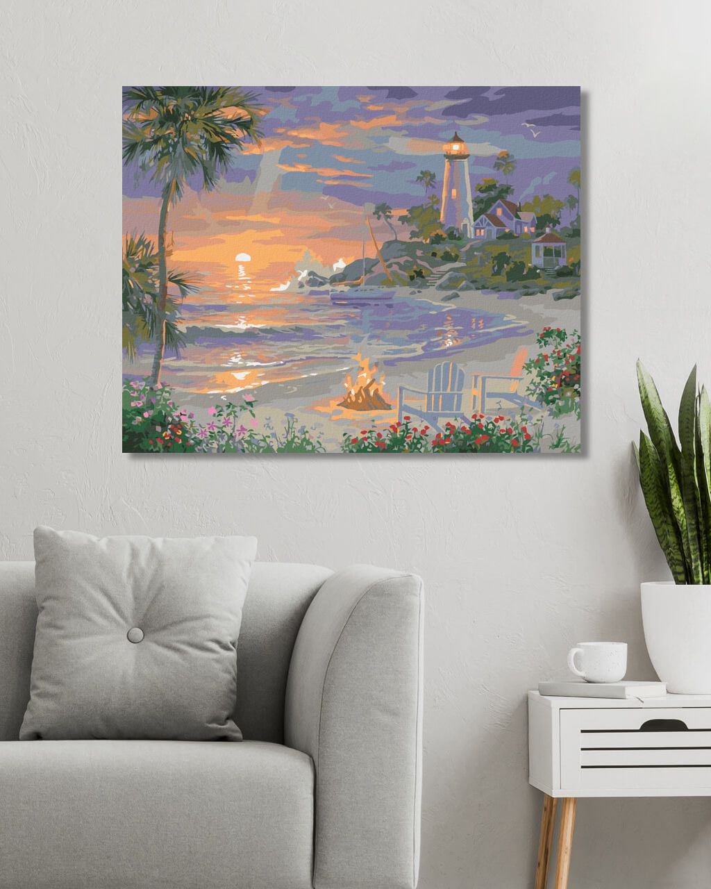 zuty Malování podle čísel - TÁBORÁK NA PLÁŽI, MAJÁK A ZÁPAD SLUNCE (ABRAHAM HUNTER) - Rozměr: 40x50 cm, Rámování: Varianta: vypnuté plátno na rám - obrázek 8