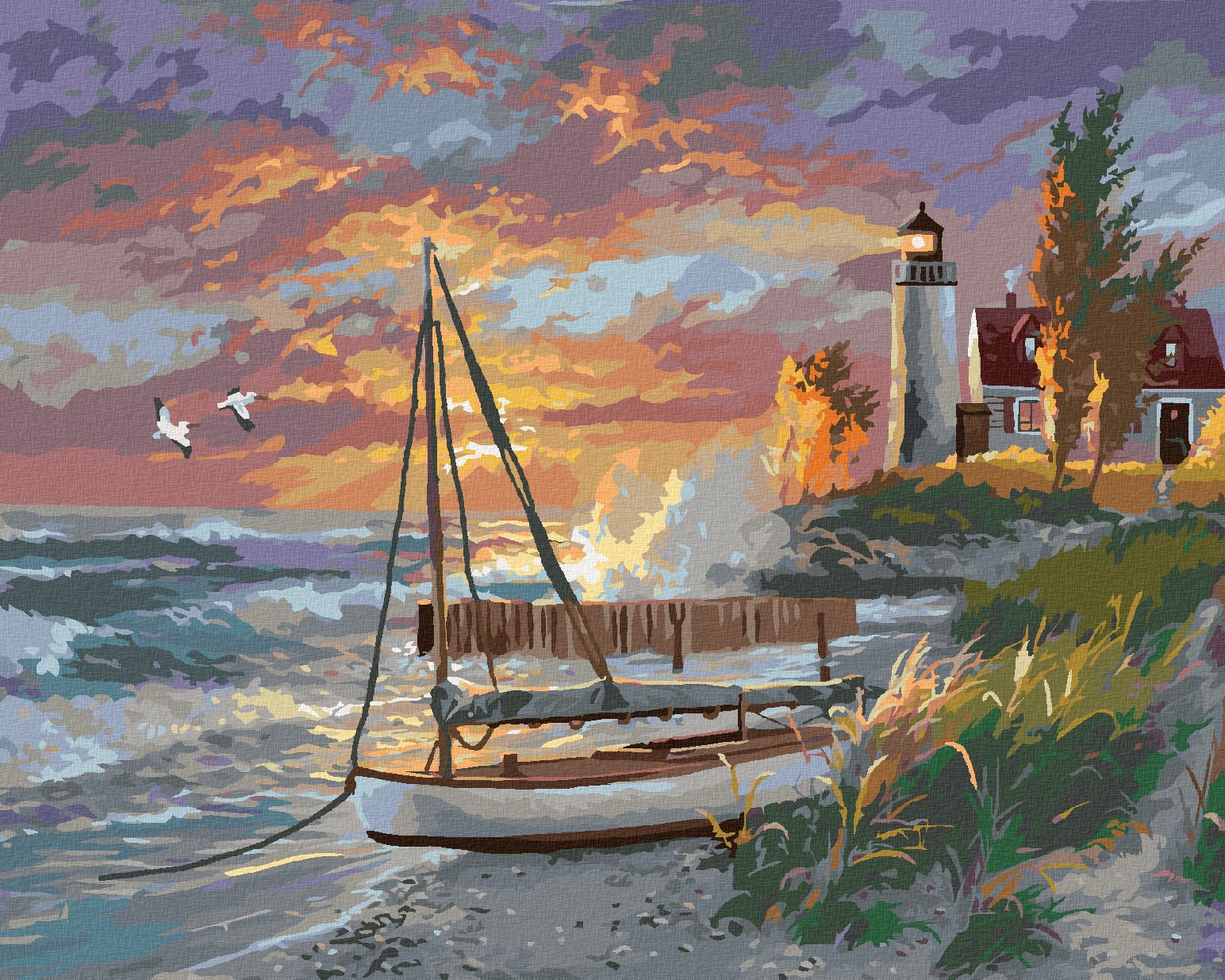 zuty Malování podle čísel - PLACHETNICE NA PLÁŽI, MAJÁK A ZÁPAD SLUNCE (ABRAHAM HUNTER) - Rozměr: 40x50 cm, Rámování: Varianta: bez rámu a bez vypnutí plátna - obrázek 1