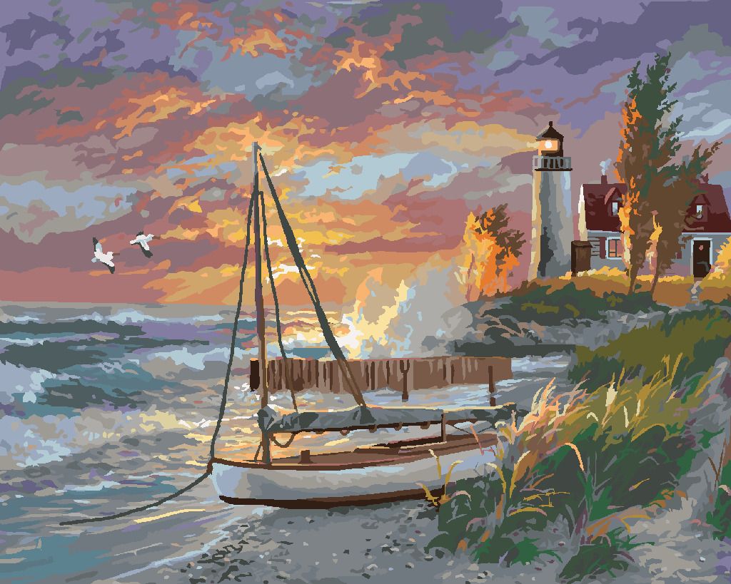 zuty Malování podle čísel - PLACHETNICE NA PLÁŽI, MAJÁK A ZÁPAD SLUNCE (ABRAHAM HUNTER) - Rozměr: 40x50 cm, Rámování: Varianta: bez rámu a bez vypnutí plátna - obrázek 7